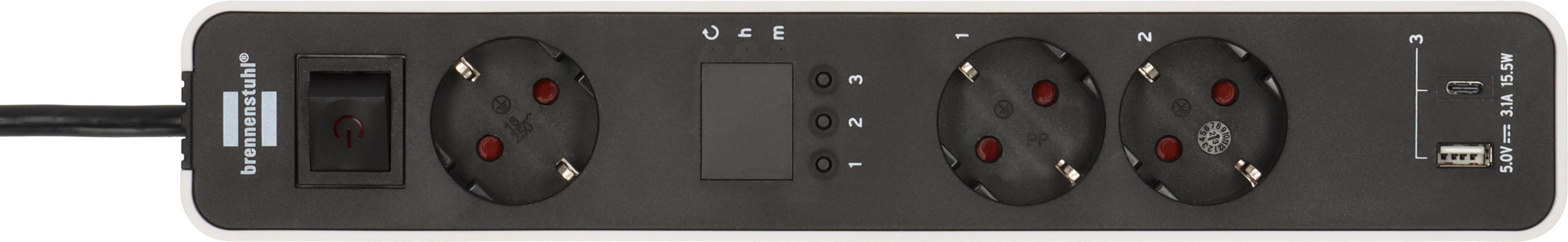 Listwa zasilająca z włącznikiem, gniazdami i portami USB. Tekst: 'brennenstuhl'.