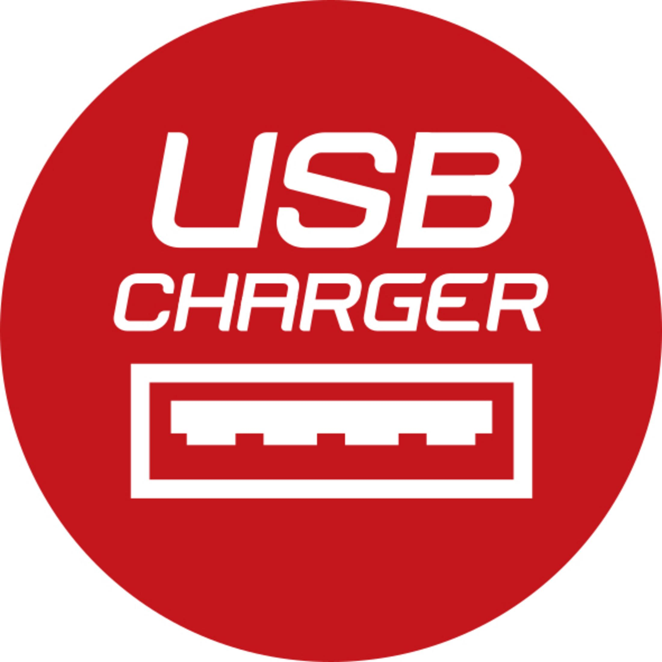 Czerwone koło z białym tekstem: 'USB CHARGER' i symbolem portu USB.