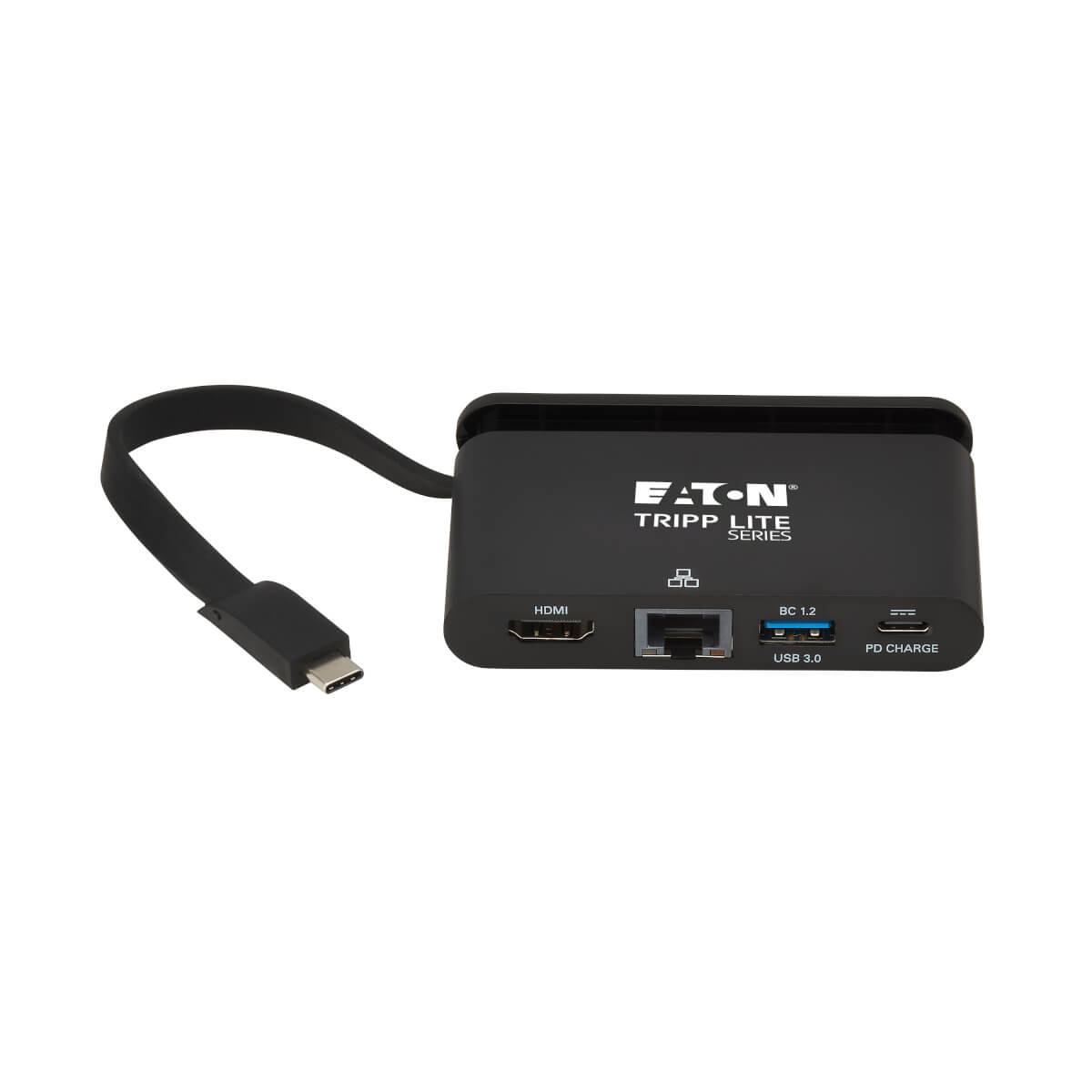 Dispositivo negro Eaton Tripp Lite con múltiples puertos conectado a un cable USB-C.