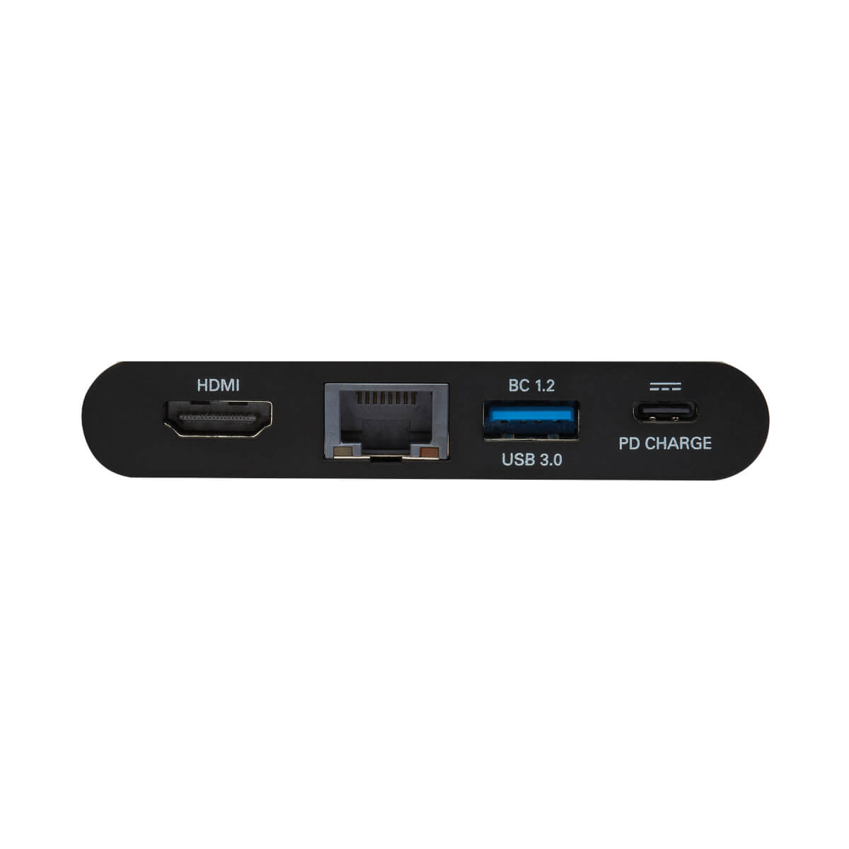 Primer plano de los puertos del adaptador negro: HDMI, Ethernet, USB y USB-C para cargar.