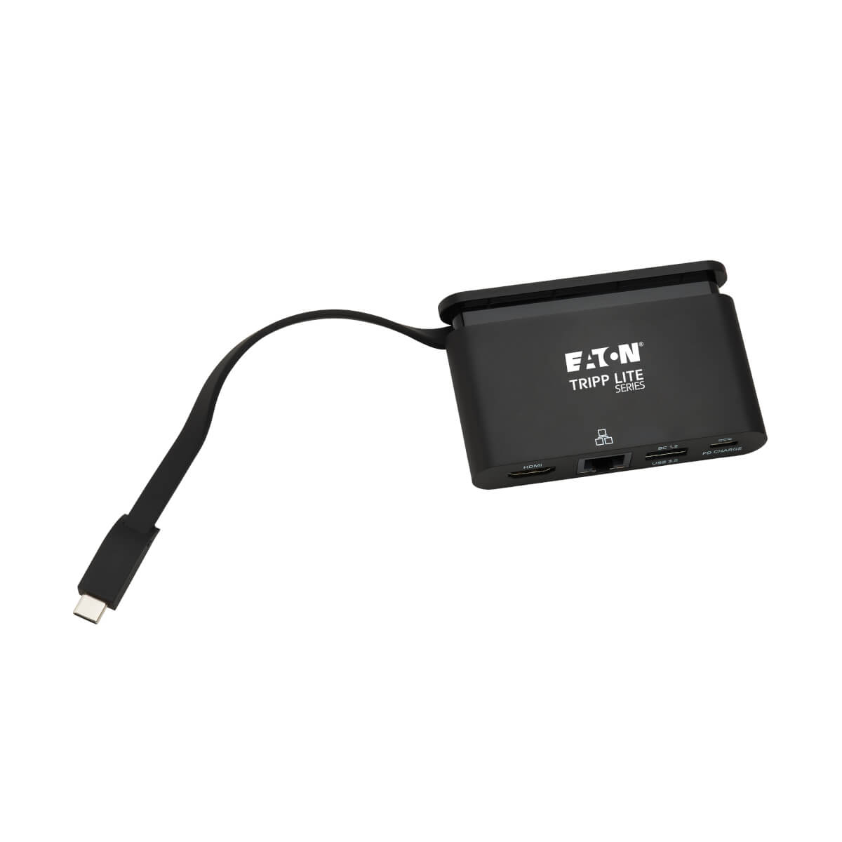 Adaptador negro EATON Tripp Lite Series con cable USB-C conectado, vista en ángulo.