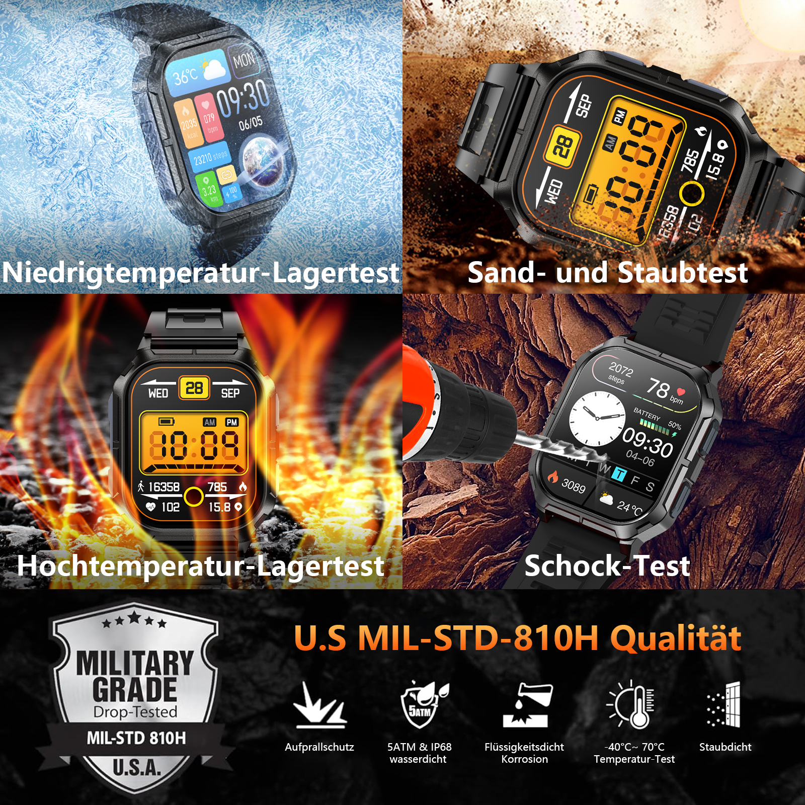 Smartwatch zeigt Zeit und Statistiken. Tests umfassen Kälte, Sand, Hitze und Stoß. Militärische Qualität.
