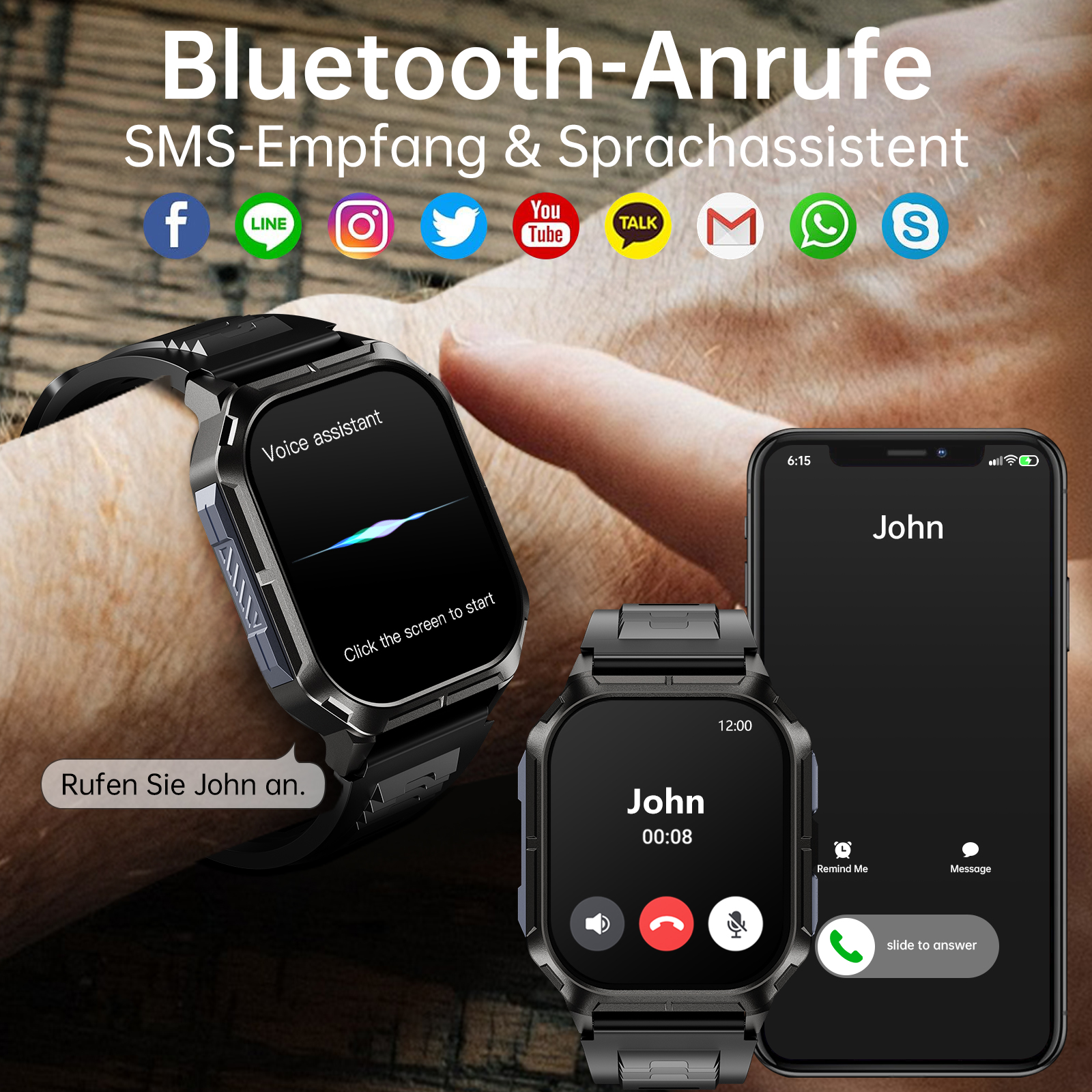 Smartwatch pokazuje interfejs połączenia z telefonem wyświetlającym ekran połączenia.