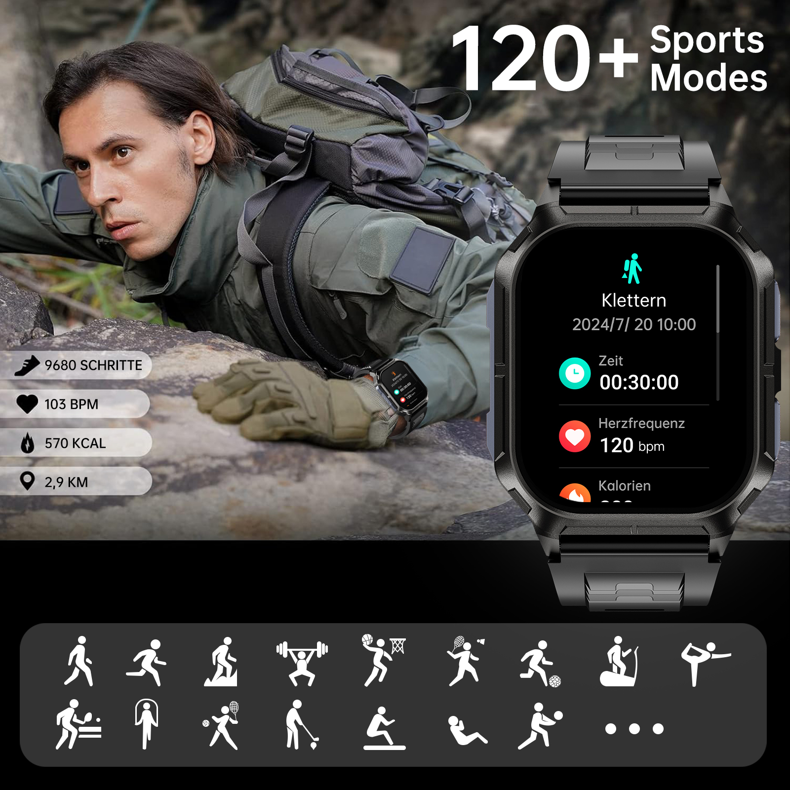 Smartwatch pokazujący dane dotyczące ćwiczeń. Mężczyzna z plecakiem w tle.