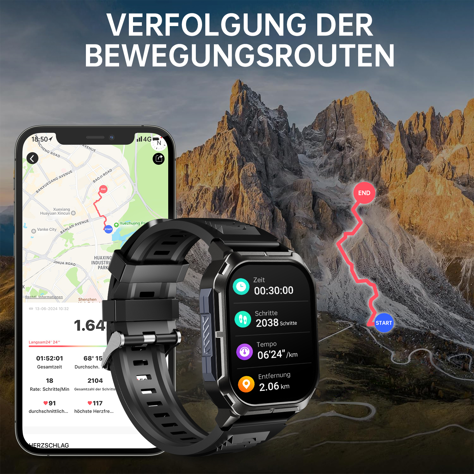 Smartwatch z mapą pokazującą trasę i smartfon z danymi fitness, górzyste tło.