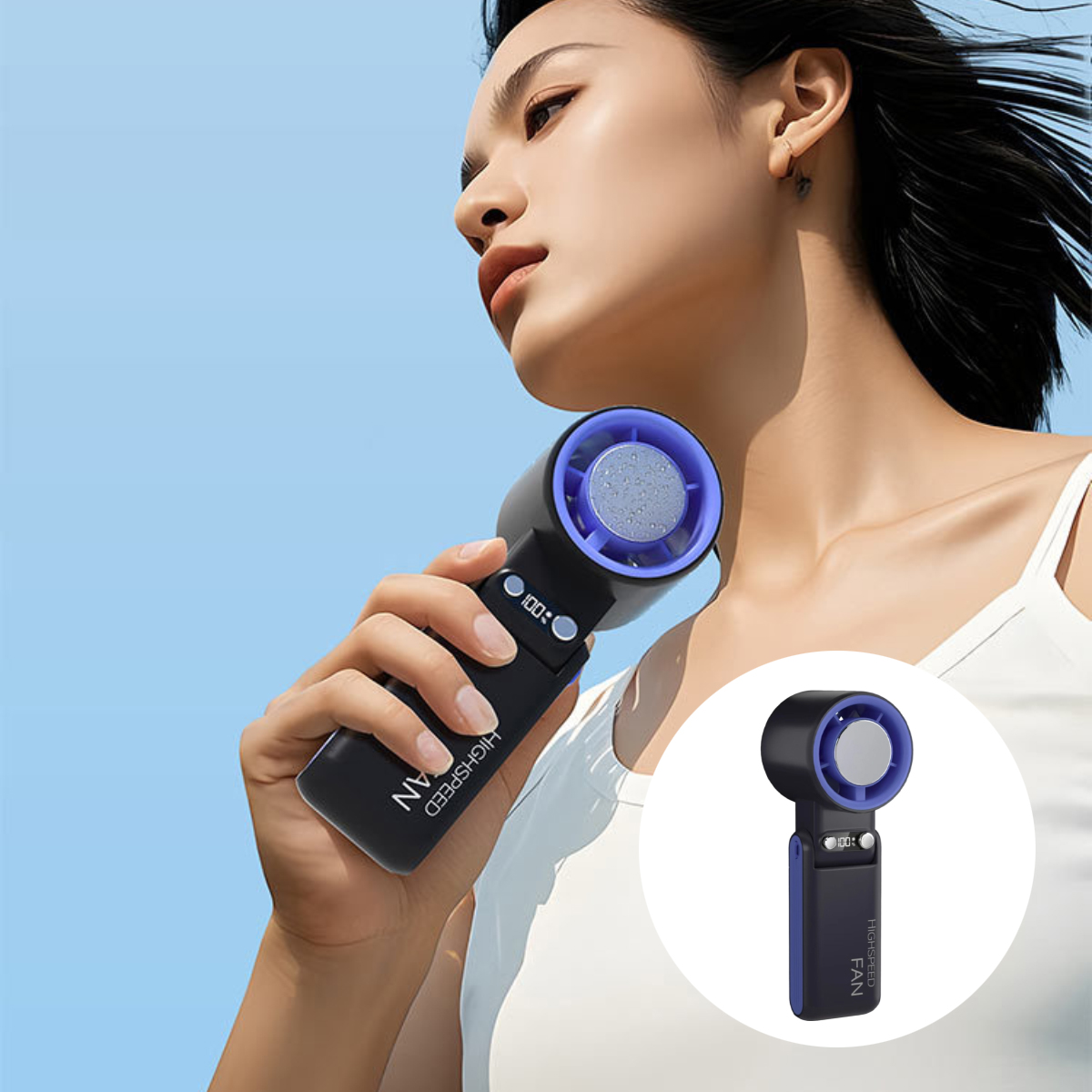 Eine Frau hält einen schwarz-blauen Ventilator. Eine kleinere Version des Ventilators wird ebenfalls gezeigt.
