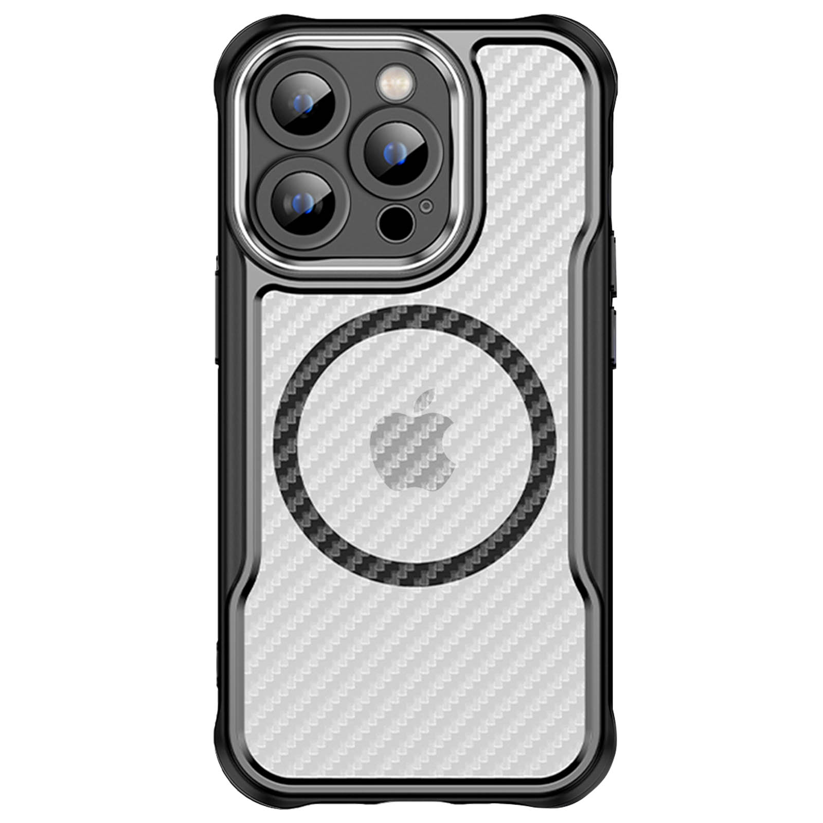 Coque de smartphone avec un design en fibre de carbone et un cercle avec le logo Apple. La coque a un cadre noir.