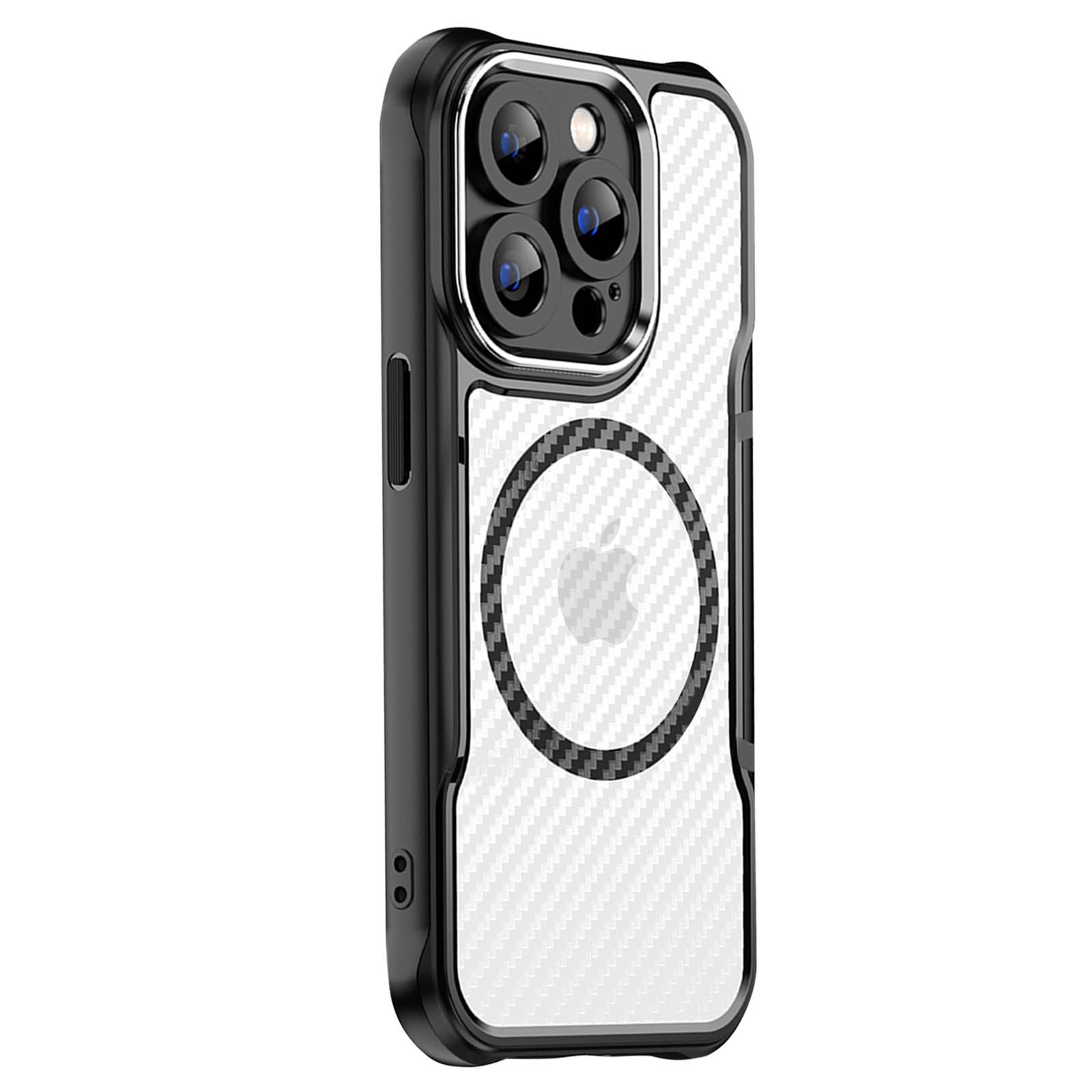 Un étui de téléphone noir et blanc avec un design en fibre de carbone et un logo Apple.