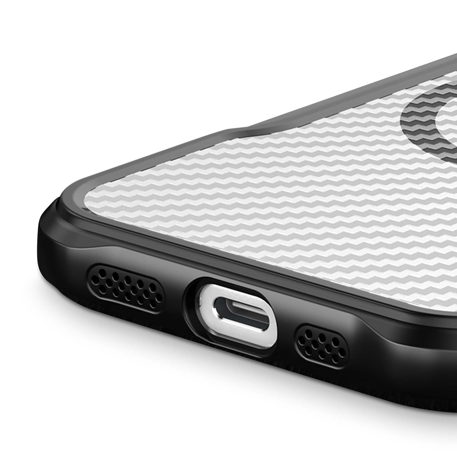Gros plan sur une coque de téléphone noire avec un dos transparent à motifs et un port.