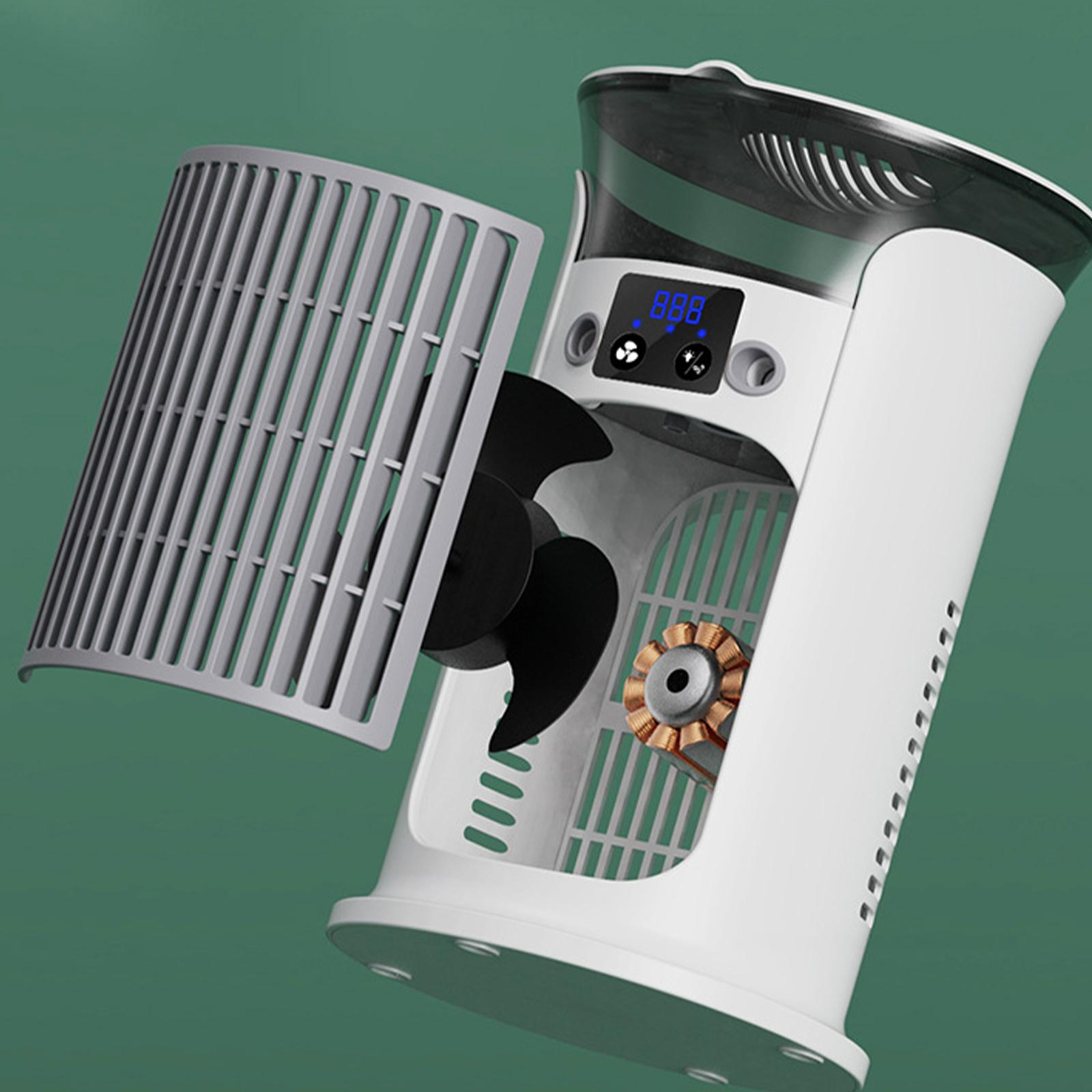 Weißer Ventilator mit schwarzen Flügeln. Die Komponenten des Ventilators sind sichtbar. Der Hintergrund ist grün.