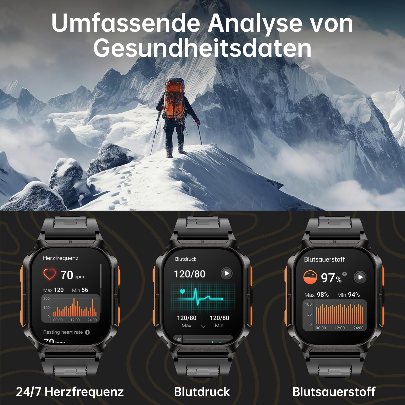 Smartwatch zeigt Herzfrequenz, Blutdruck, Blutsauerstoff mit Berggrund.