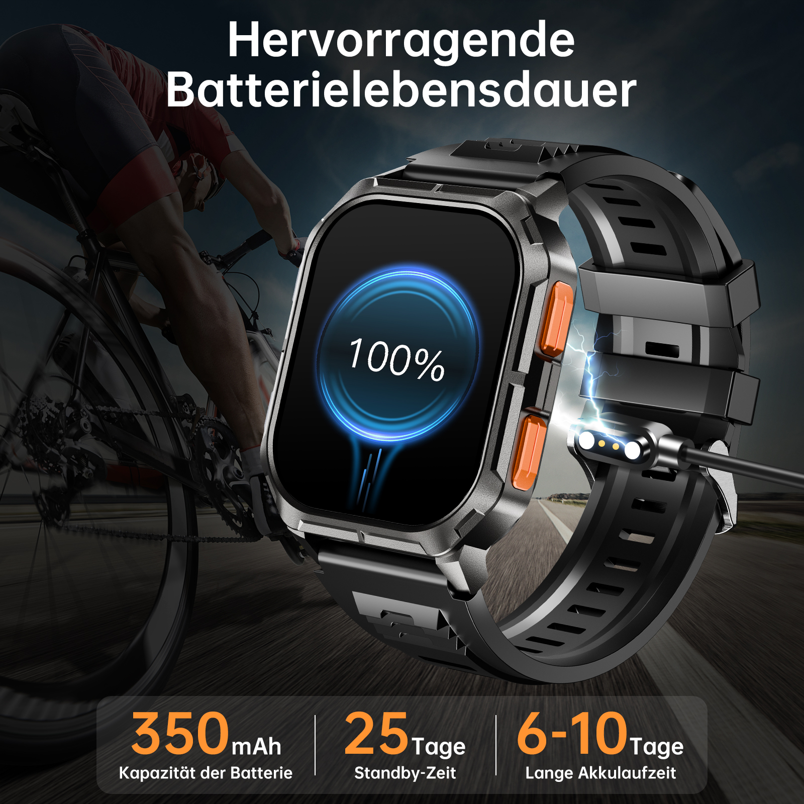 Eine Smartwatch mit 100 % Akku, Text 'Hervorragende Batterielebensdauer'.