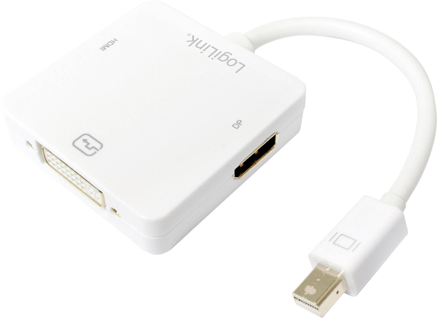 Biały adapter z złączami HDMI, DVI i Mini DisplayPort.