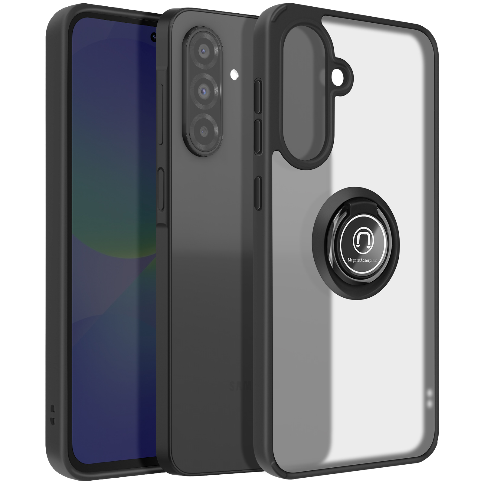 Custodia nera per telefono, tre fotocamere e un supporto ad anello.