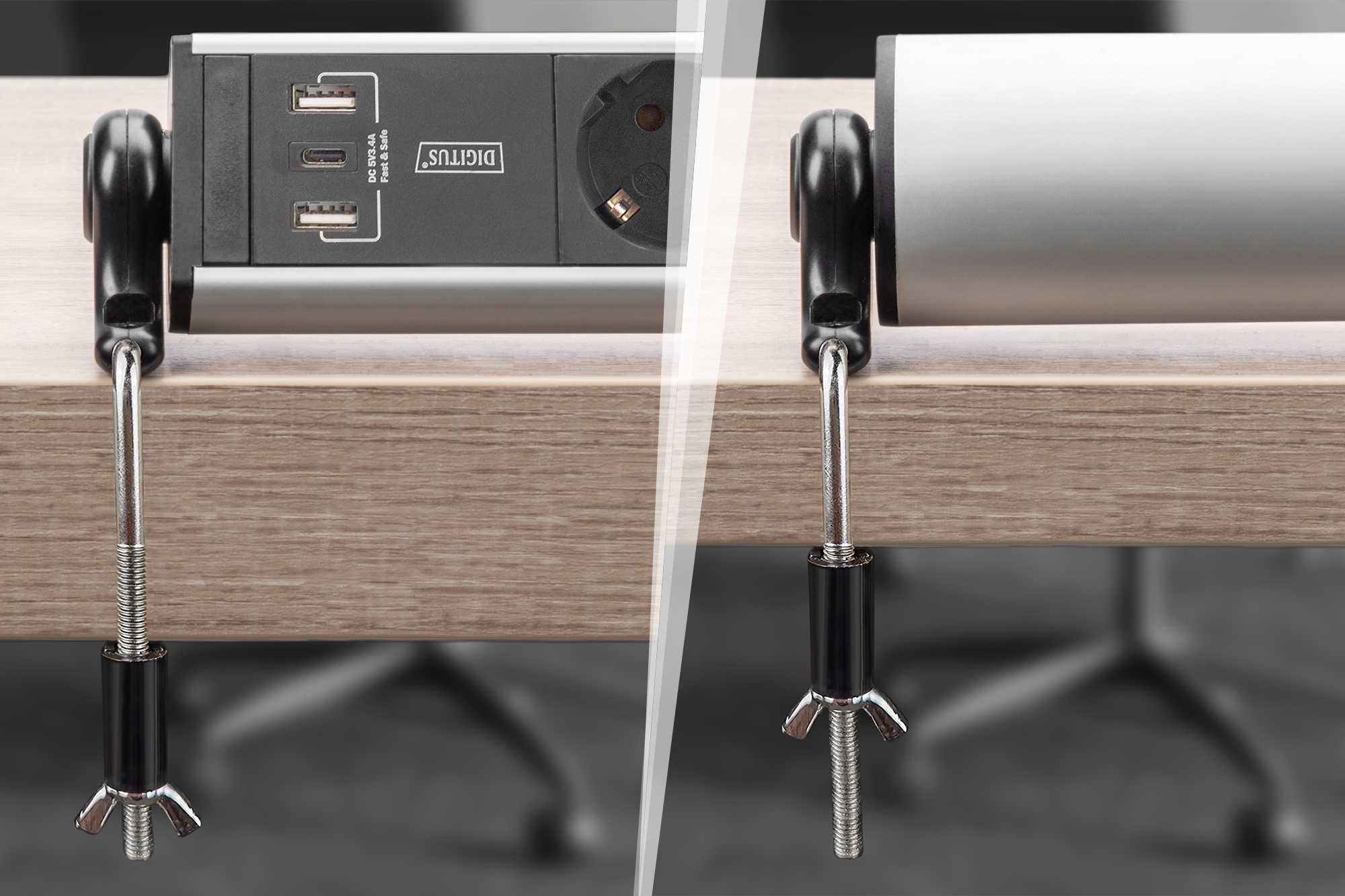 Dwa zaciski na biurku. Prawy zacisk jest ostry i trzyma jasnoszary przedmiot.