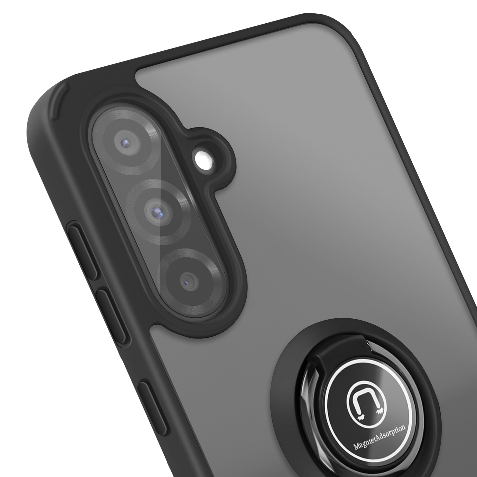 Custodia nera per telefono con tre fotocamere e dettaglio del supporto ad anello.