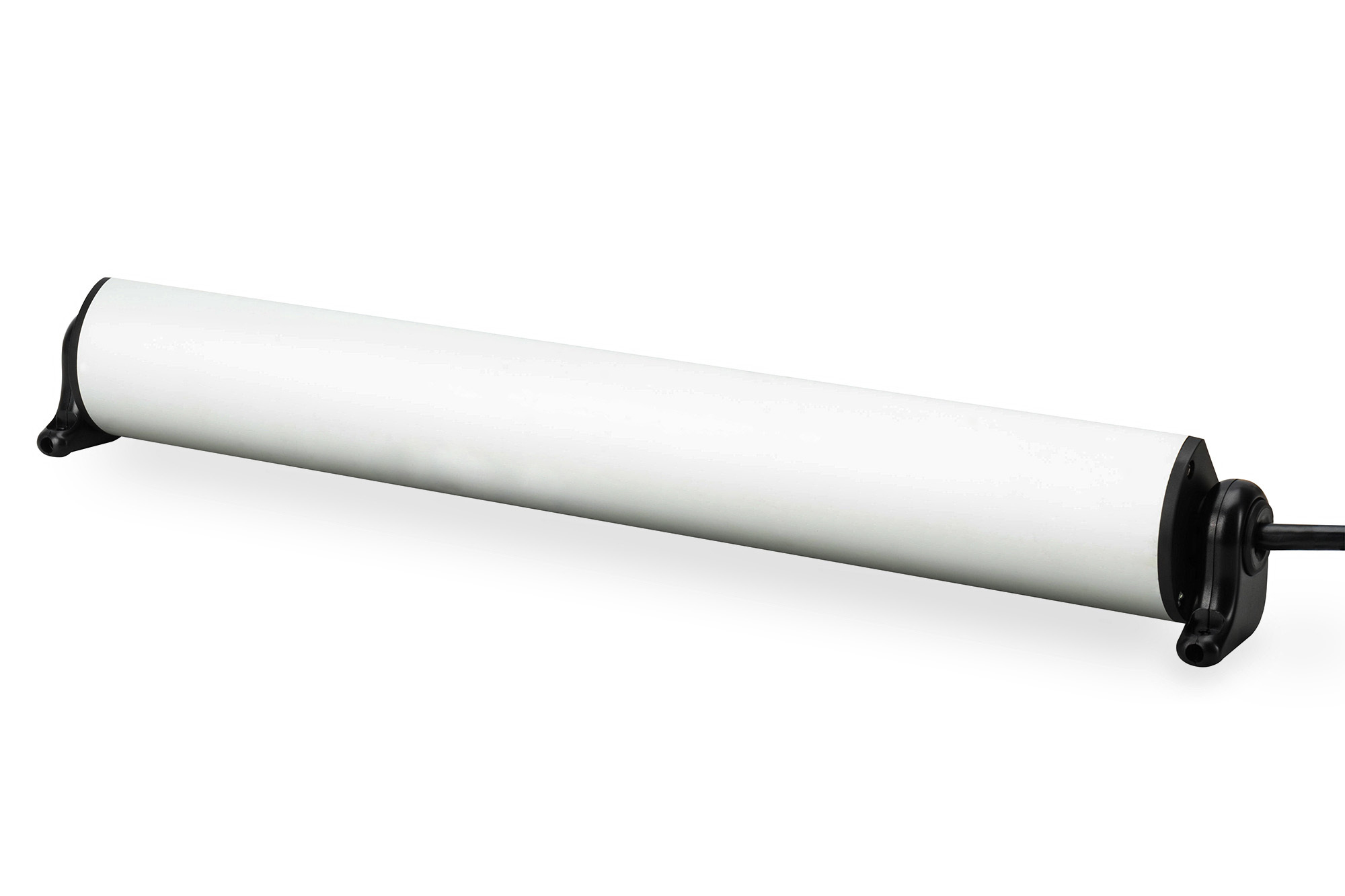 Biały, długi, cylindryczny obiekt z czarnymi końcami, odizolowany na białym tle. Wygląda jak wałek.