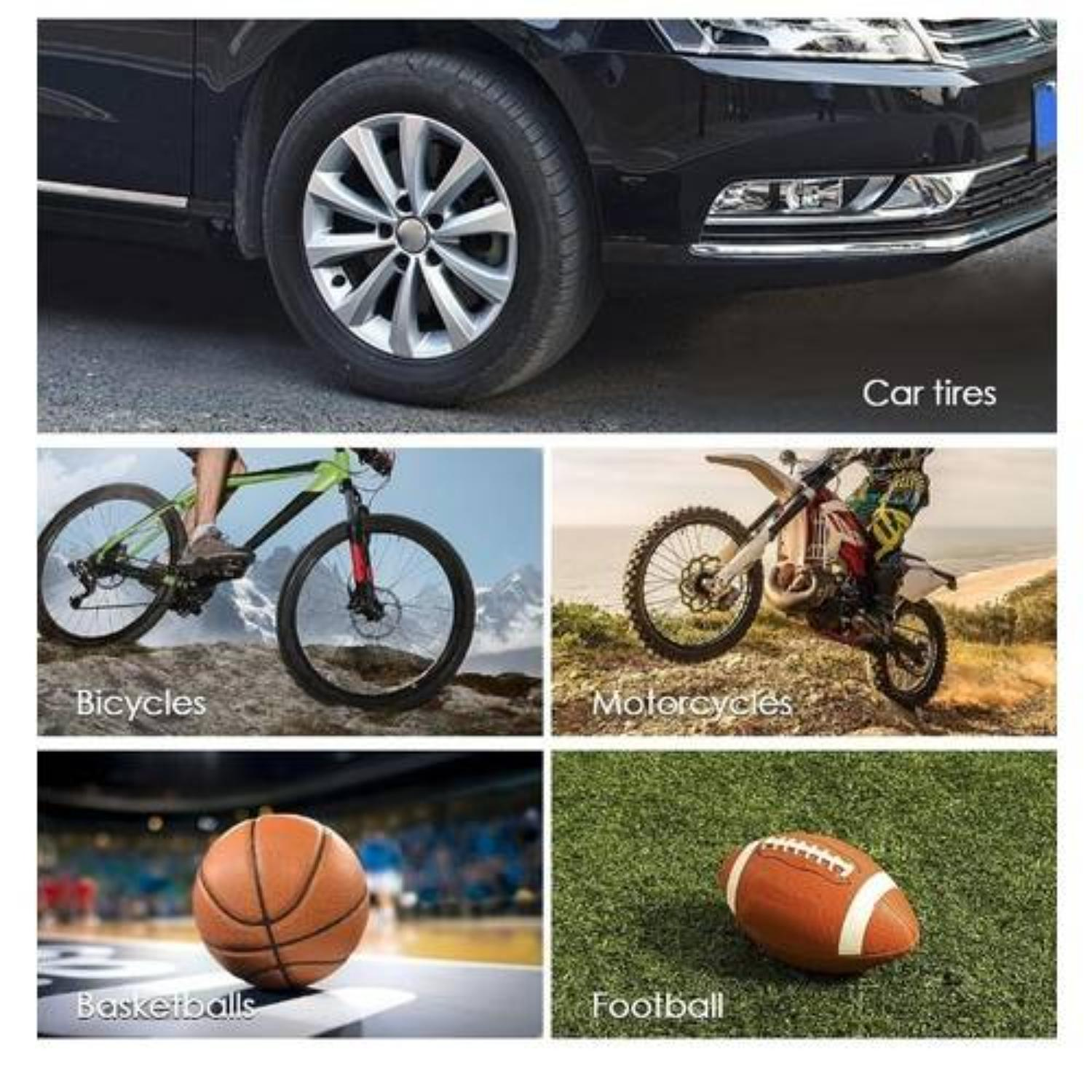 Bilder von Autoreifen, Fahrrädern, Motorrädern, Basketbällen und Fußbällen.
