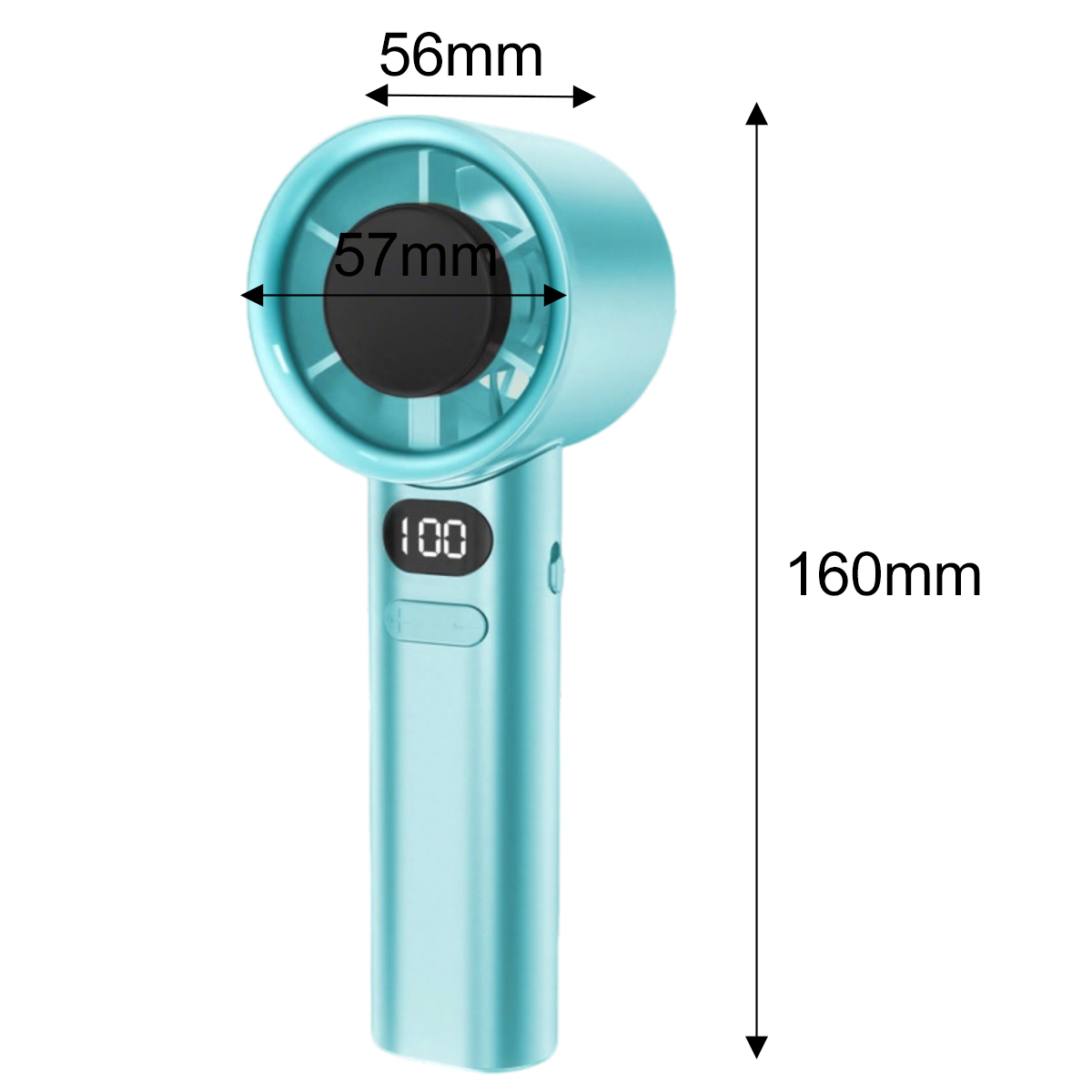 Blauer Handventilator mit Maßangaben: 56mm, 57mm und 160mm.