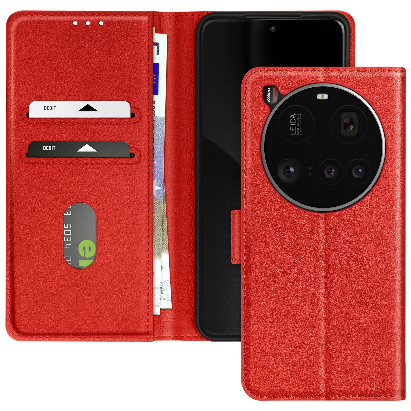 Custodia del telefono rossa aperta, che mostra carte e denaro. Un telefono nero è all'interno.