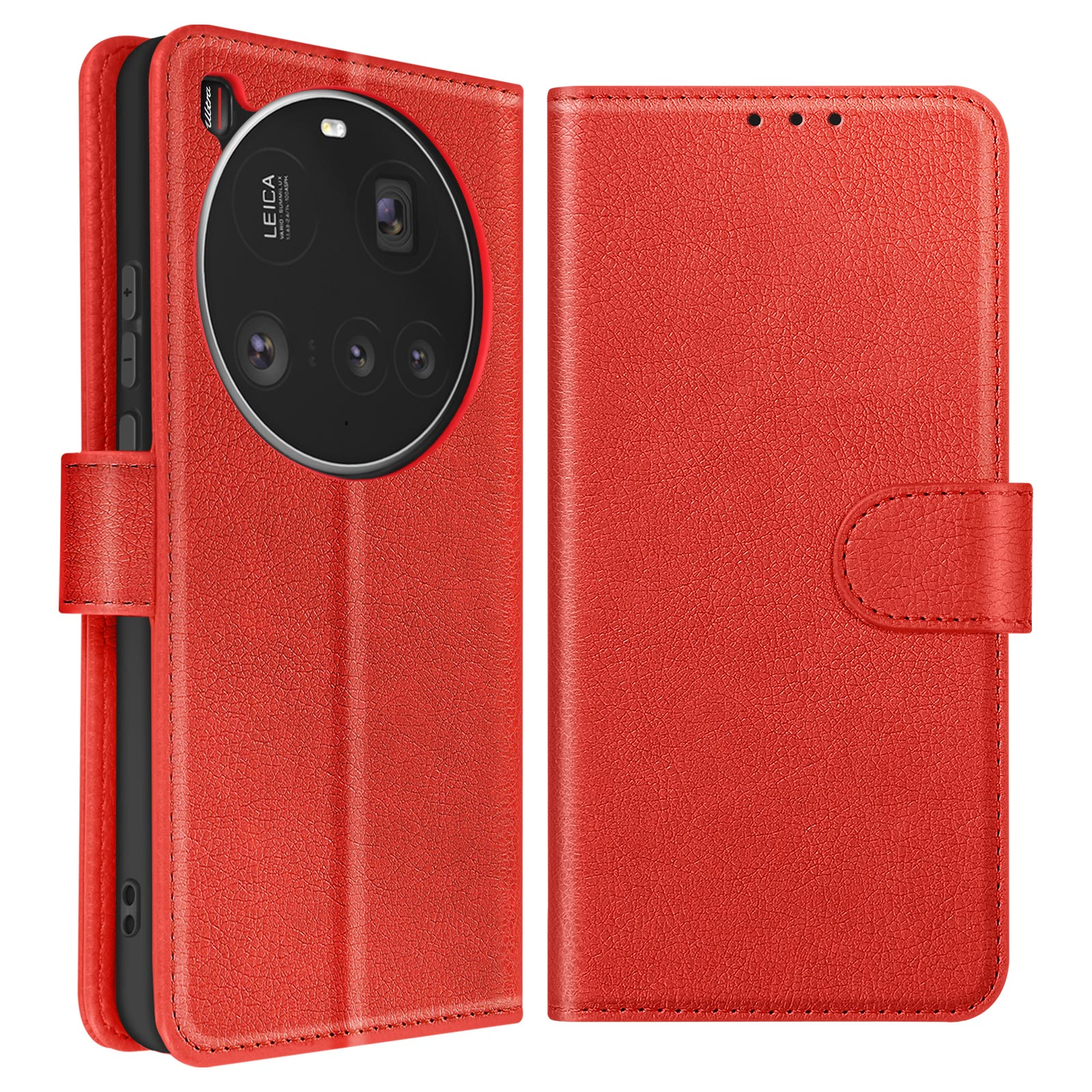 Custodia rossa per telefono con scomparti per carte. Viste chiuse e aperte. Contiene un telefono.