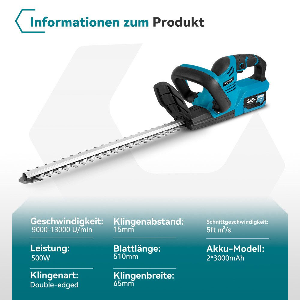 Blau-schwarze Heckenschere mit technischen Informationen und Spezifikationen, auf weißem Hintergrund.