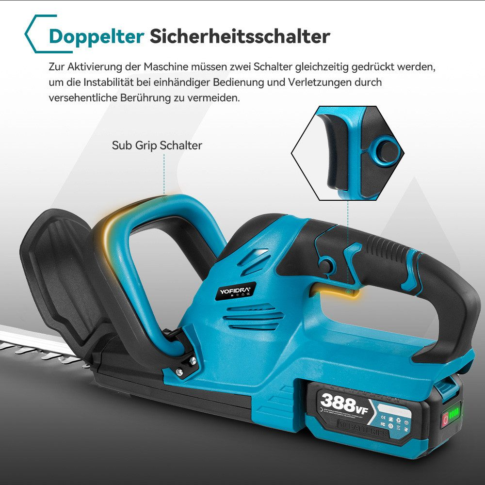 Blau-schwarze Heckenschere auf weißem Hintergrund, mit Text und Diagramm.