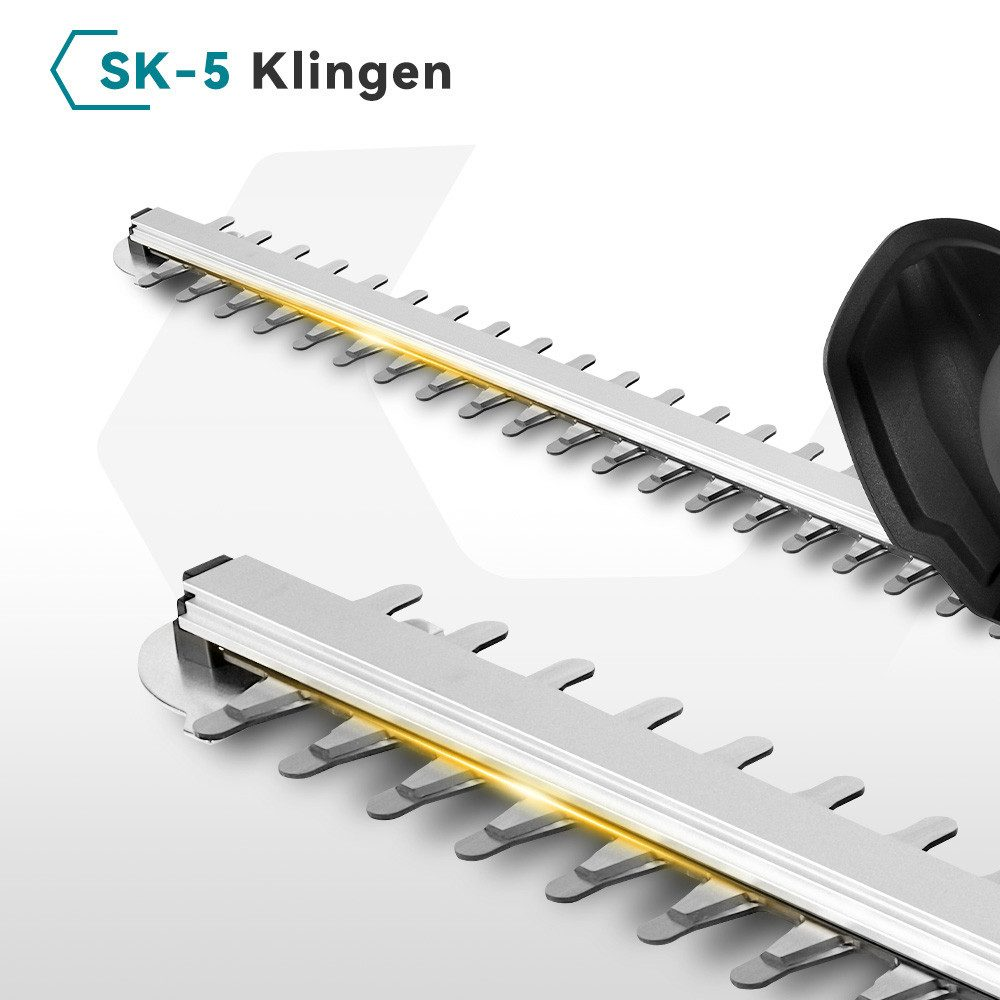 Nahaufnahme einer Heckenscheren-Klinge, die die Zähne zeigt, auf weißem Hintergrund.