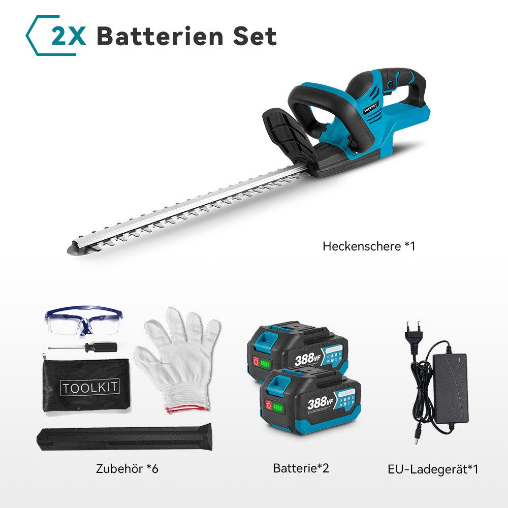 Ein Bausatz mit Heckenschere, Batterien, Ladegerät und Zubehör auf weißem Hintergrund.