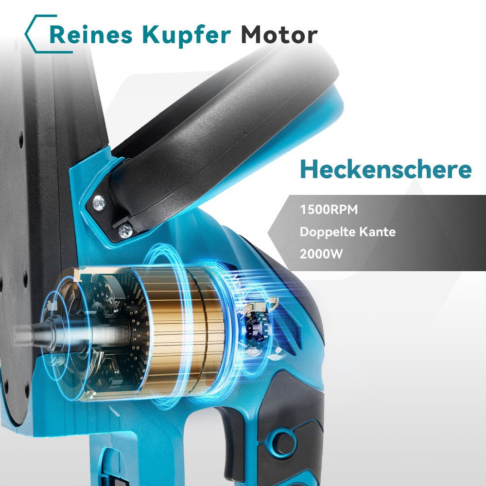 Blau-schwarze Heckenschere mit sichtbaren internen Komponenten, auf weißem Hintergrund.