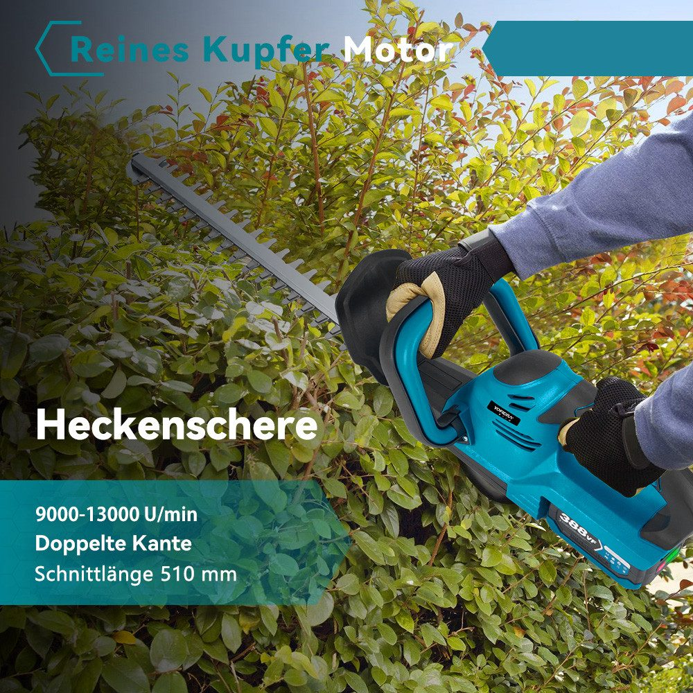 Mann, der eine Hecke mit einem blauen elektrischen Trimmer trimmt. Text: Heckenschere, Spezifikationen.