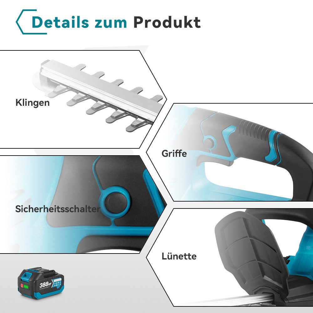 Nahaufnahmen von Heckenscherenkomponenten. Klingen, Griff, Sicherheitsschalter und Akku.