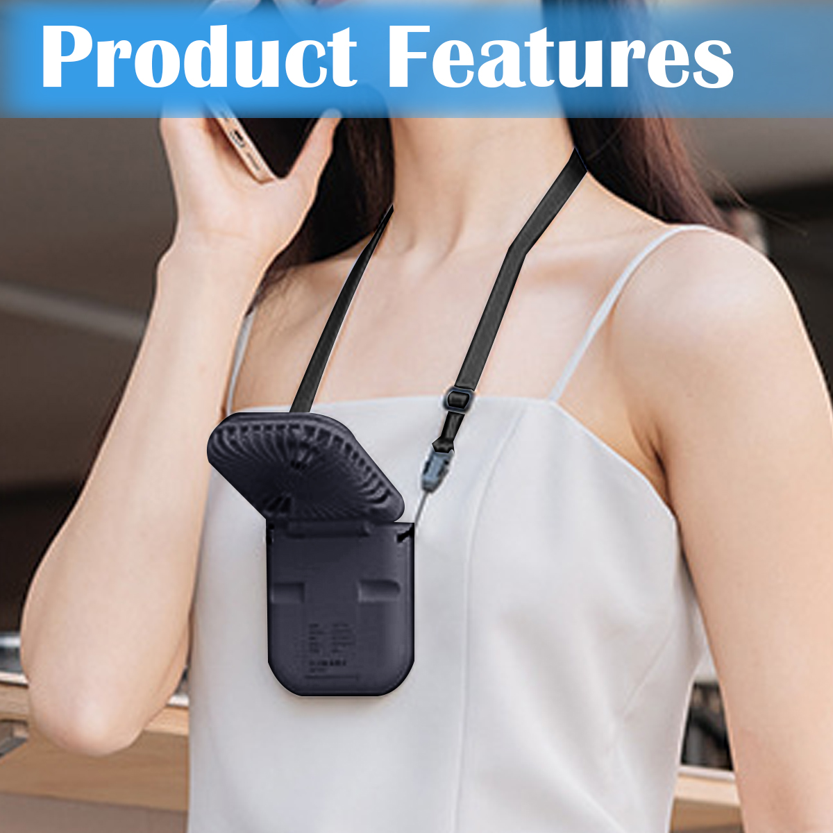 Eine Frau, die einen schwarzen Nackenventilator trägt, mit Text über Produktmerkmale.