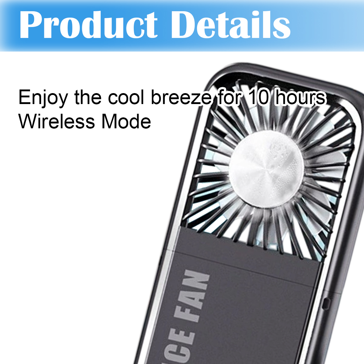 Schwarzer tragbarer Ventilator, weiße Flügel. Text sagt 'ICE FAN'. Text oben sagt 'Produktdetails'.