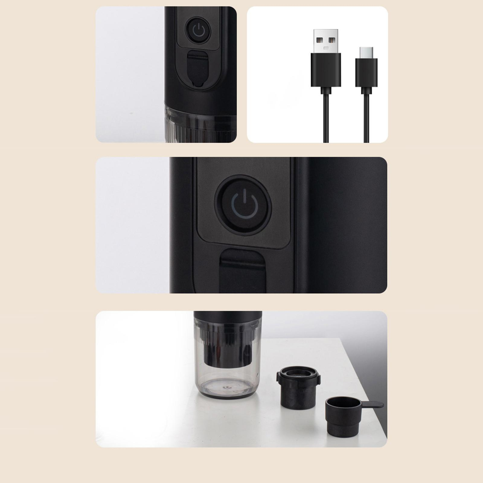 Nahaufnahme einer schwarzen Flasche mit Power-Knopf, USB-Kabel und Becher.