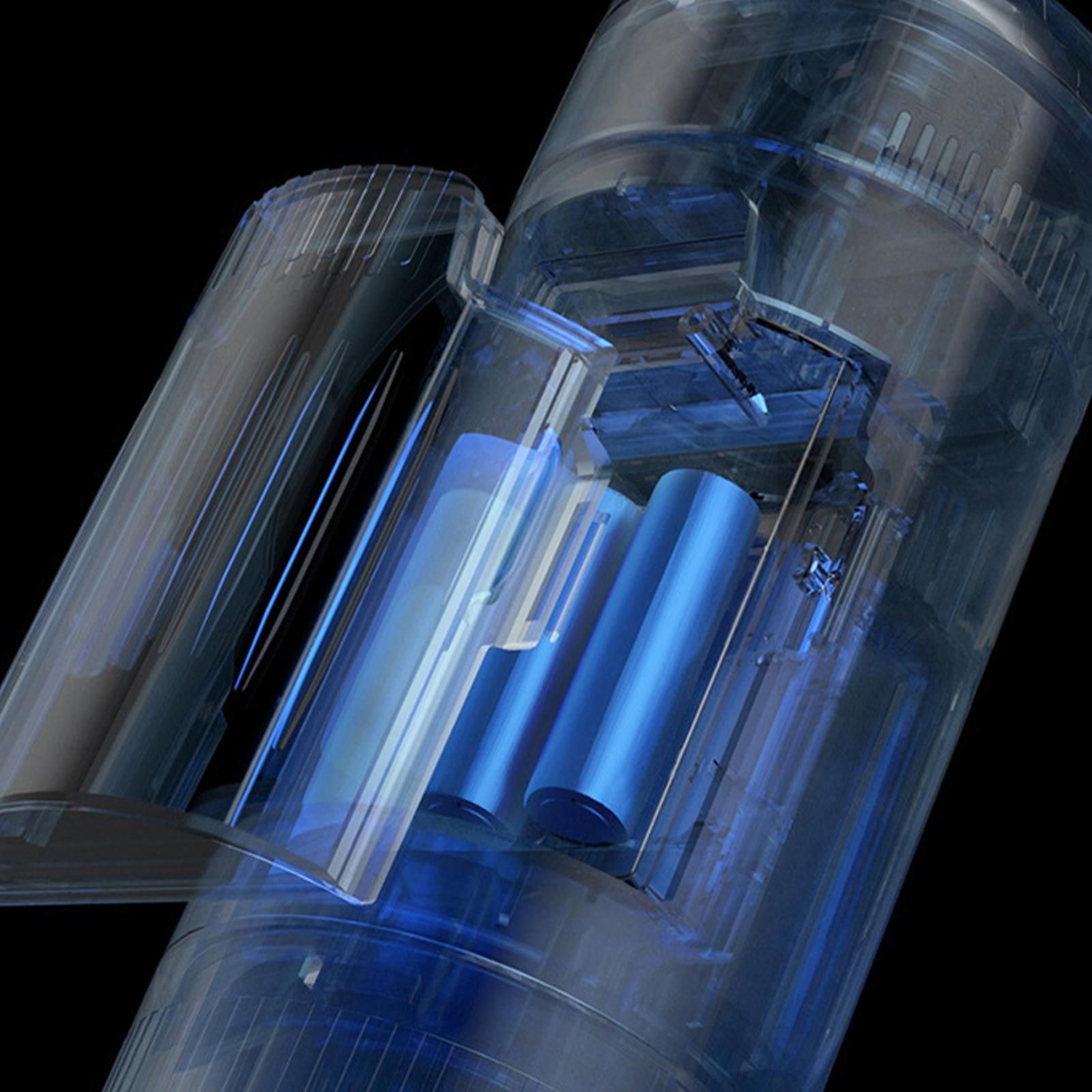 Innere Struktur eines transparenten, blau getönten zylindrischen Geräts mit zwei blauen zylindrischen Batterien darin.