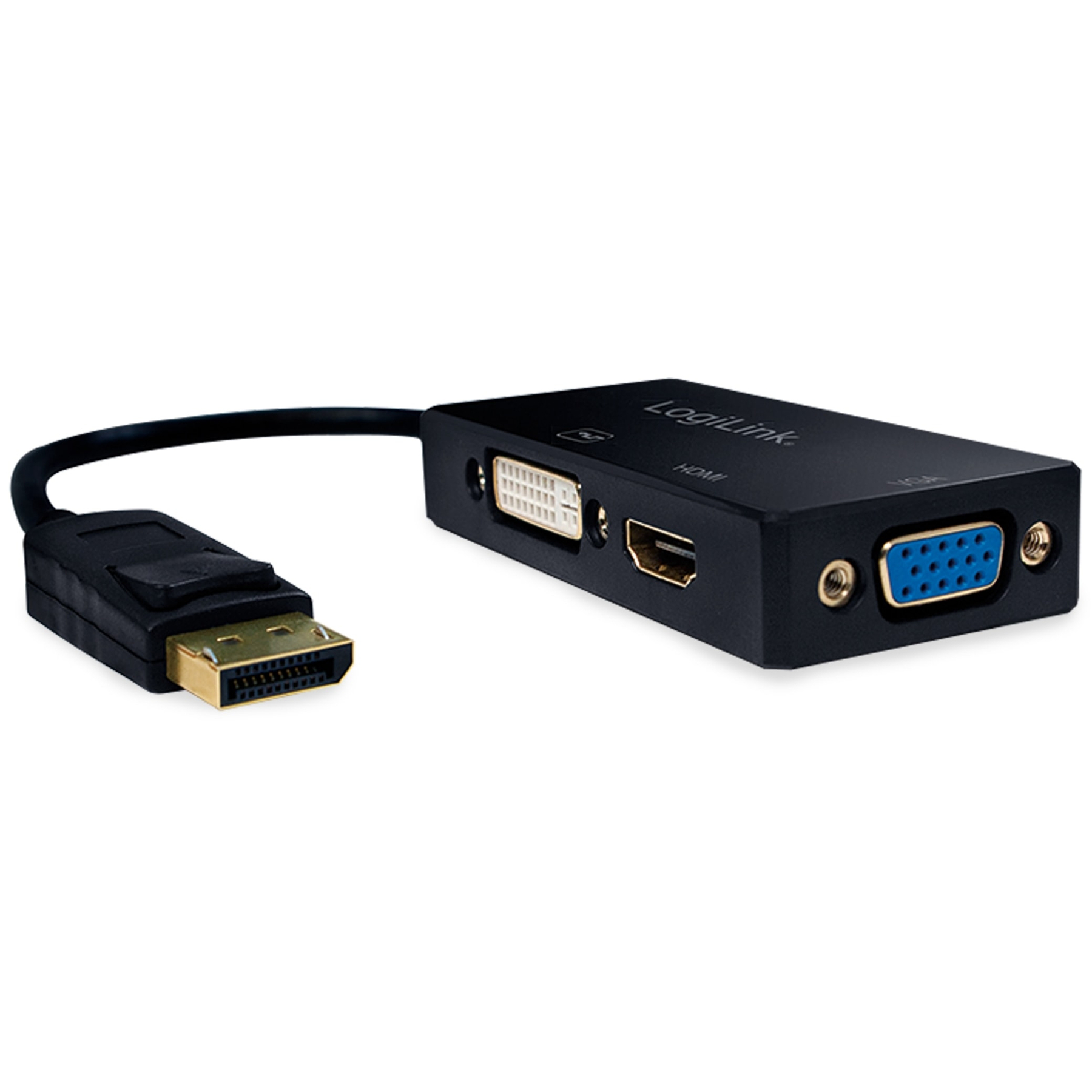Czarny adapter z różnymi złączami, w tym HDMI i VGA, na białym tle.