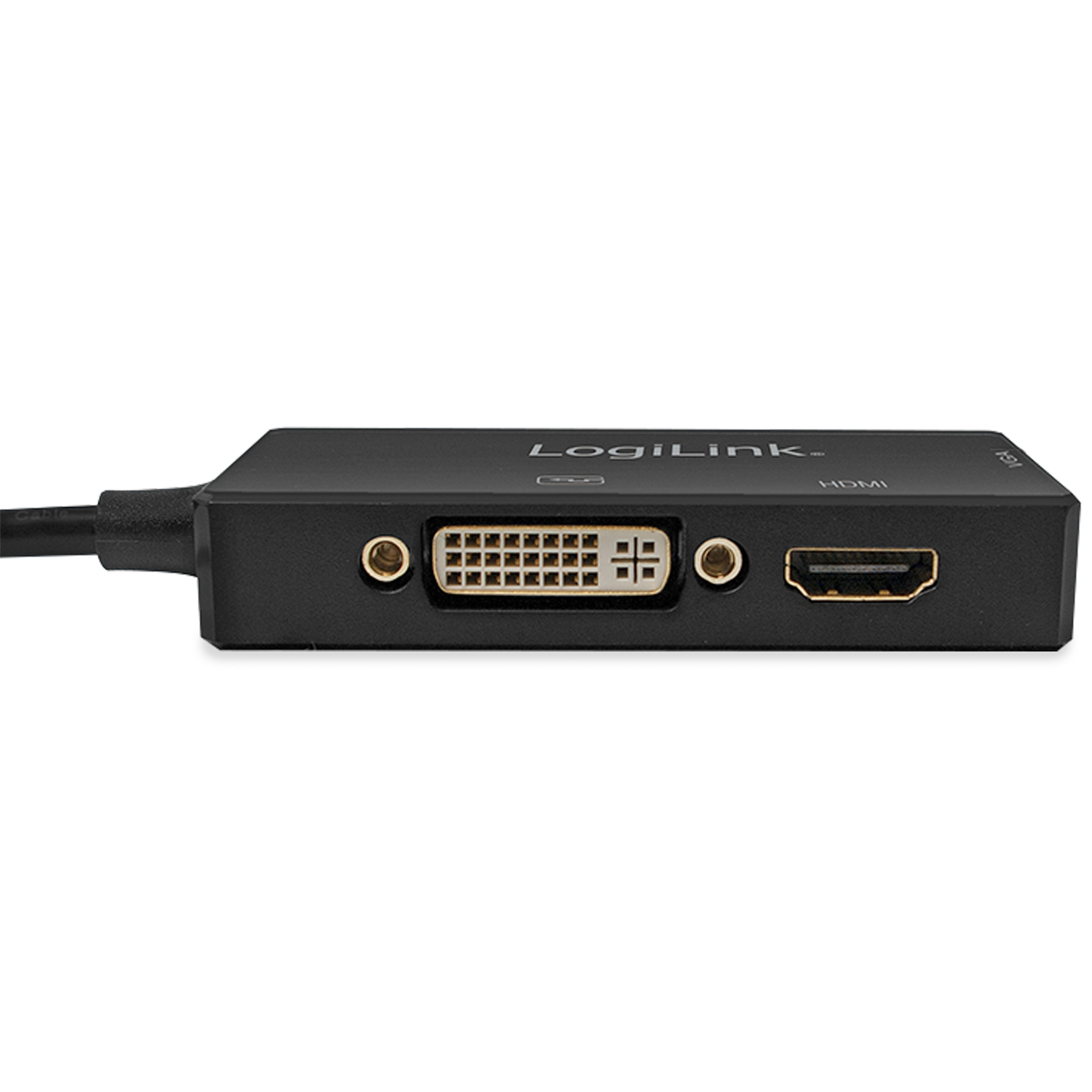 Czarny adapter z portami HDMI, DVI i D-Sub. Jest odizolowany na białym tle.
