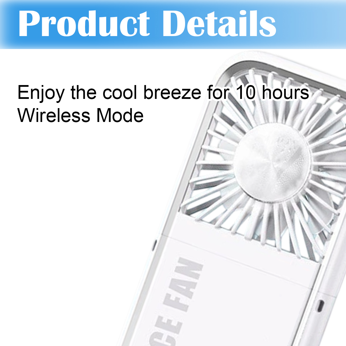 Weißer tragbarer Ventilator. Text: Genießen Sie die kühle Brise für 10 Stunden.