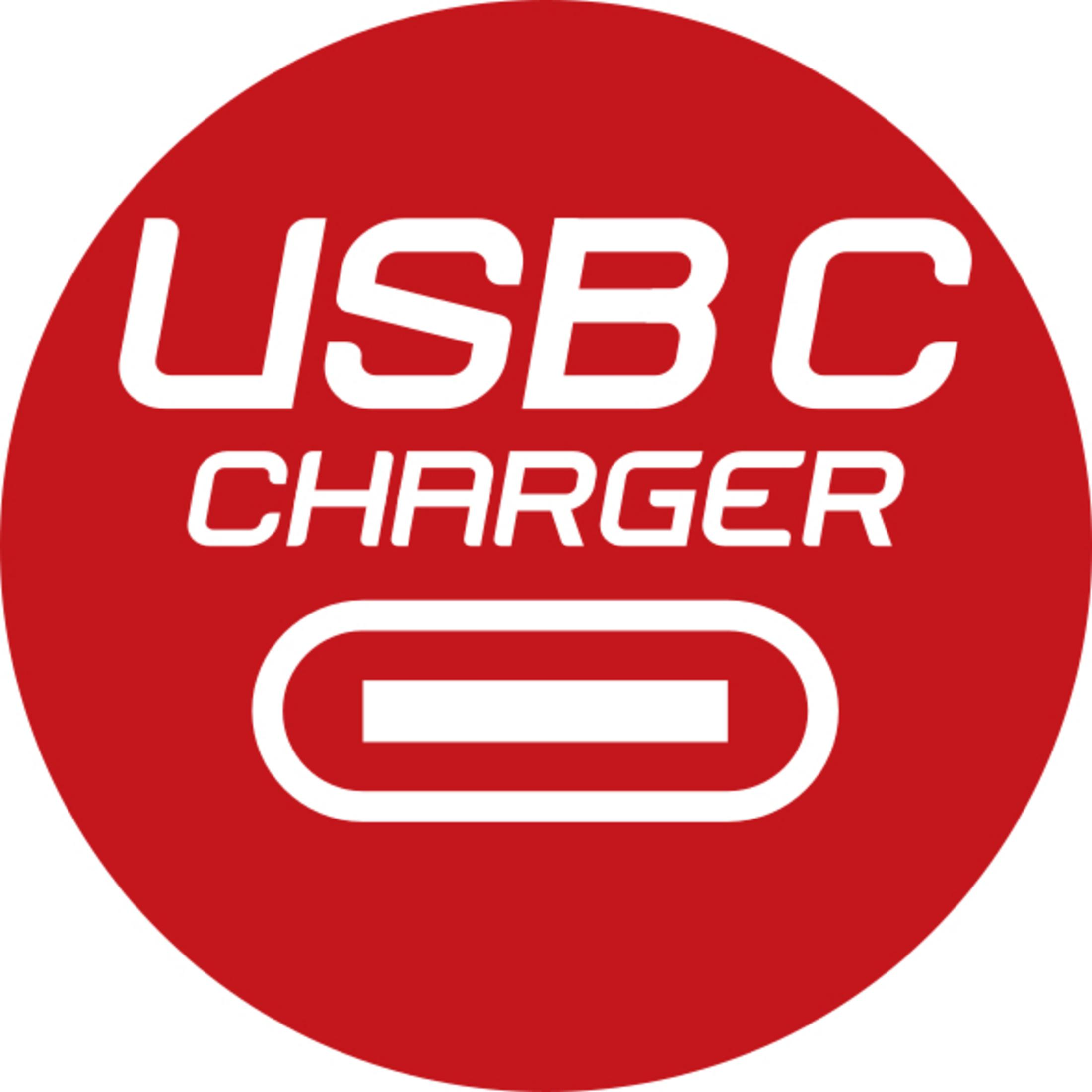 Czerwone koło z napisem 'USBC CHARGER' na biało. Biały prostokąt w czerwonym kole.