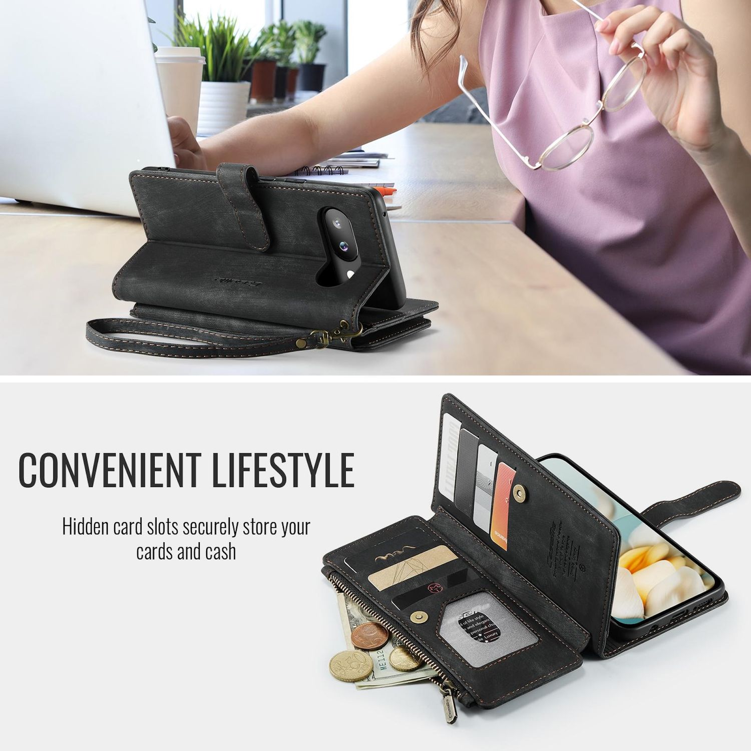 Eine Handyhülle mit Telefon und Karten. Eine Frau hält eine Brille.