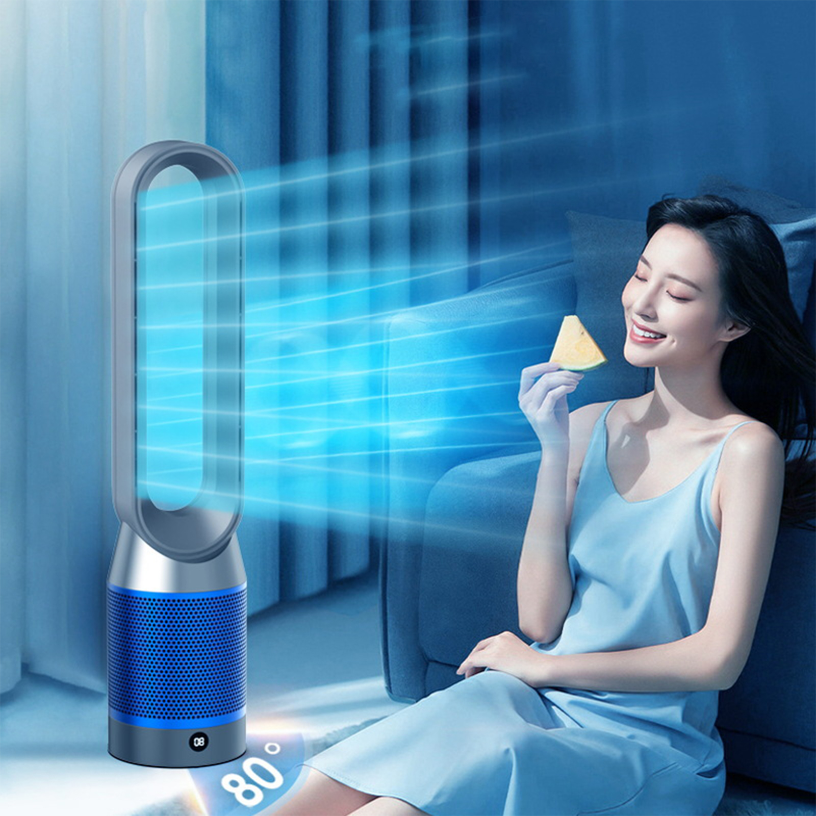 Frau mit Ventilator, isst einen Snack. Blauer Luftstrom.