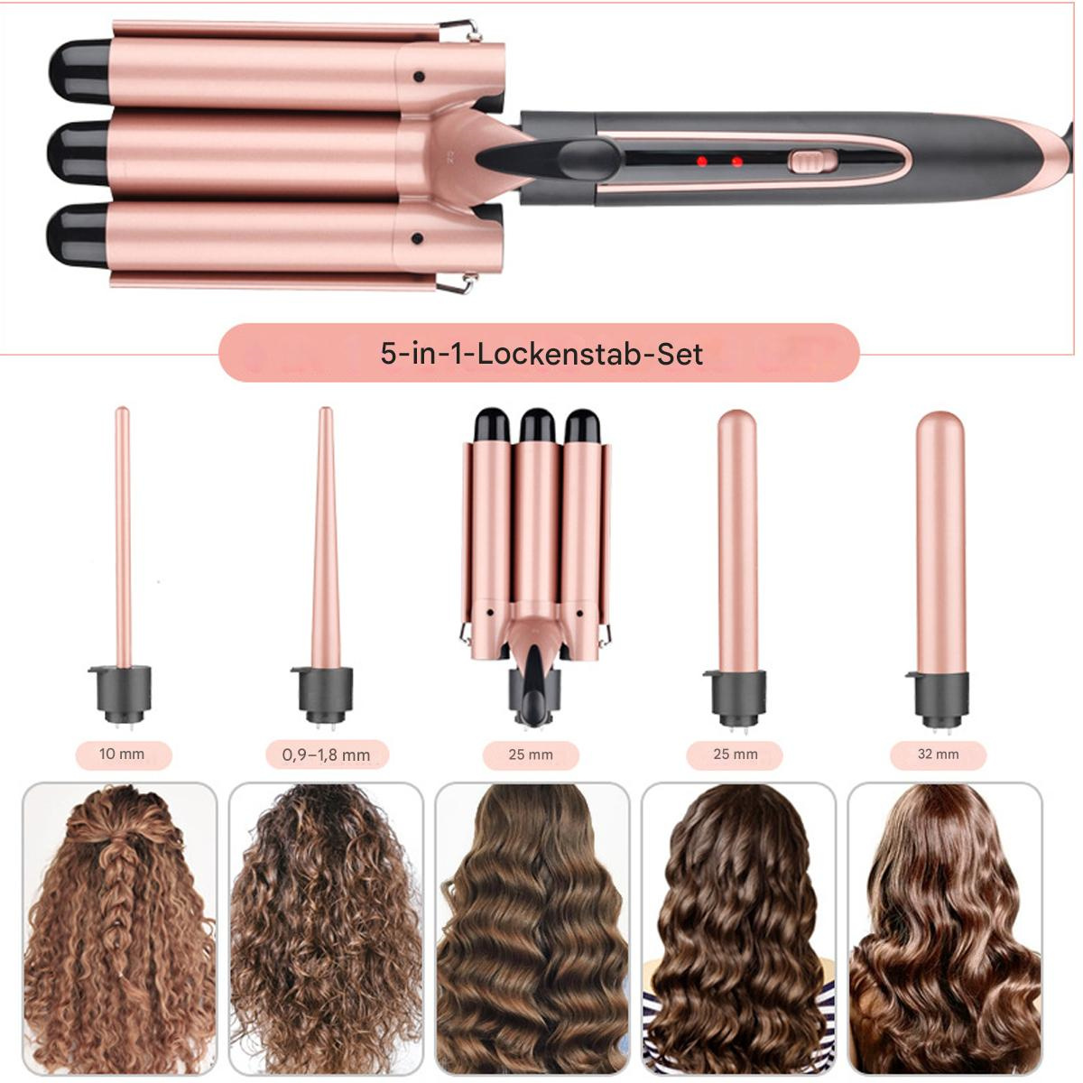 Roségoldenes Lockenstab-Set mit mehreren Aufsätzen und Frisurenbeispielen.