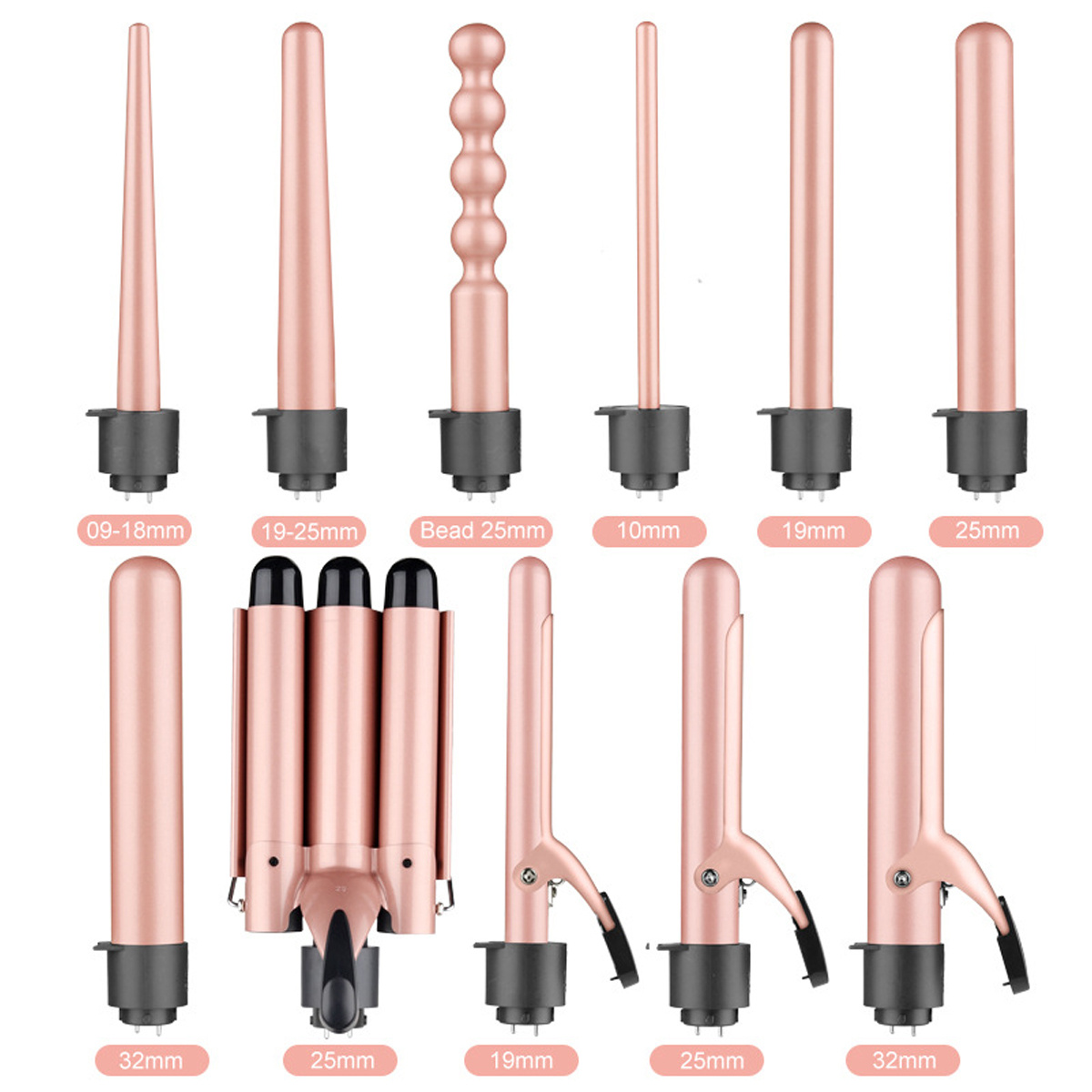 Roségoldenes Lockenstab-Set mit mehreren Aufsätzen. Frisurenbeispiele sind ebenfalls abgebildet.