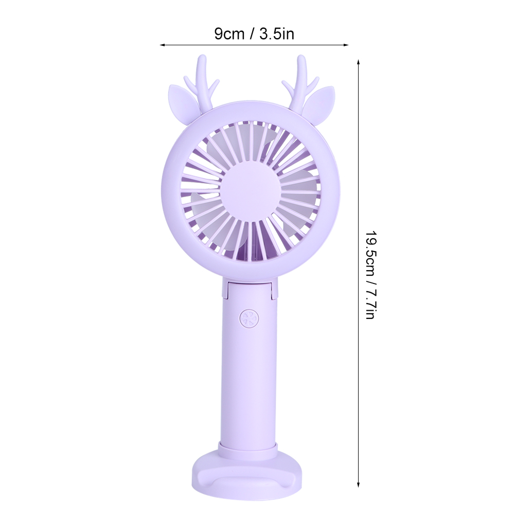Lila Handventilator, hirschförmig, mit angegebenen Abmessungen. Der Ventilator hat einen Griff.