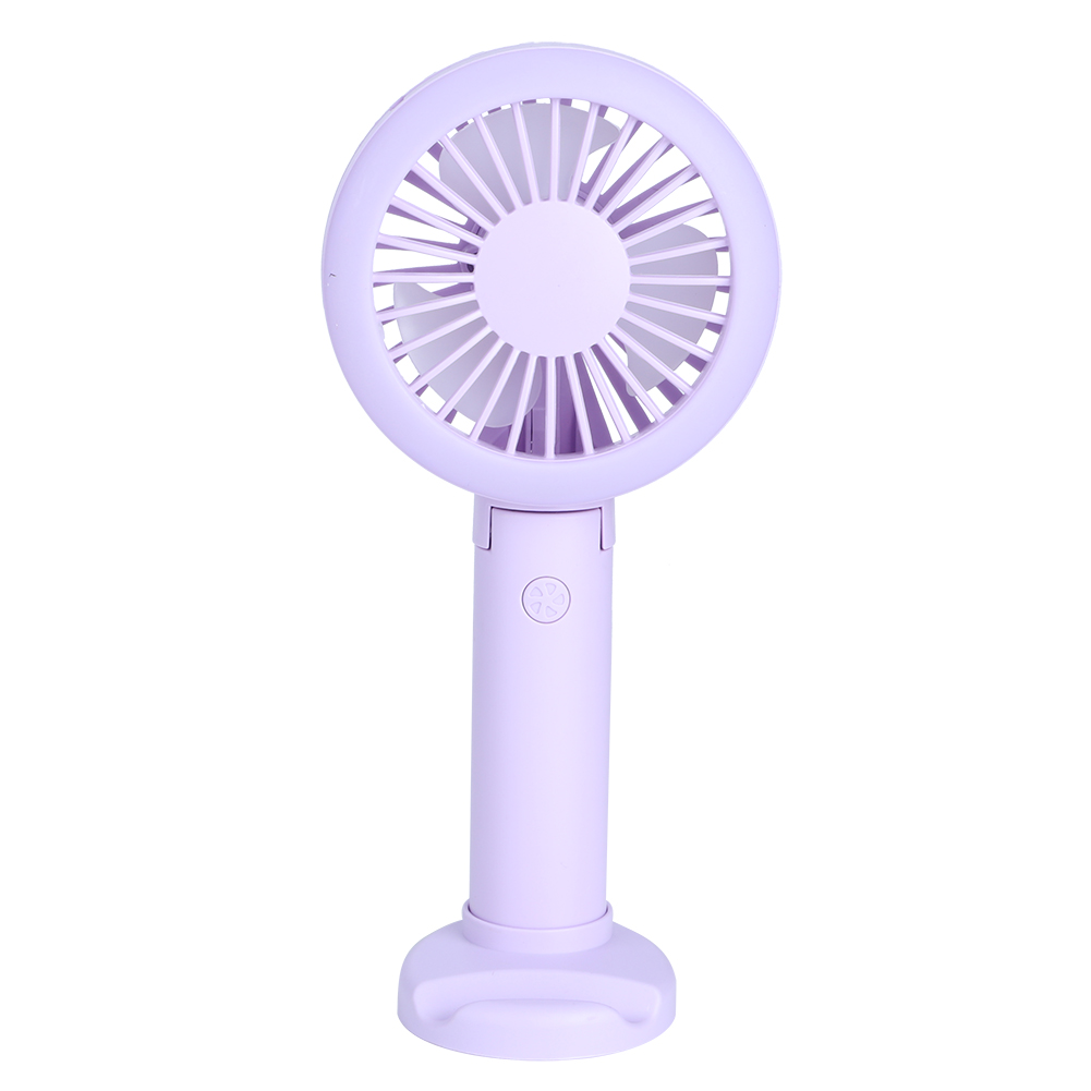 Ein lila Handventilator mit ringförmigem Design wird vor weißem Hintergrund von vorne gezeigt.