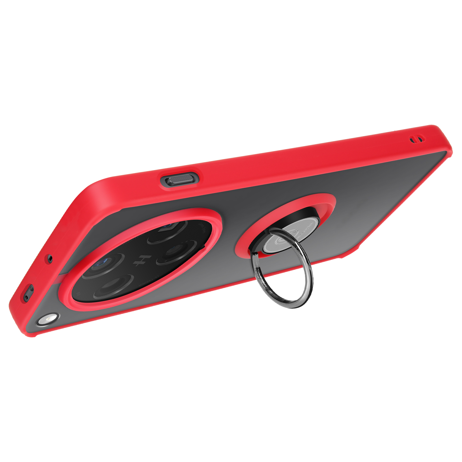 Una funda roja para teléfono con centro negro, soporte de anillo y tres lentes de cámara se muestra en ángulo.