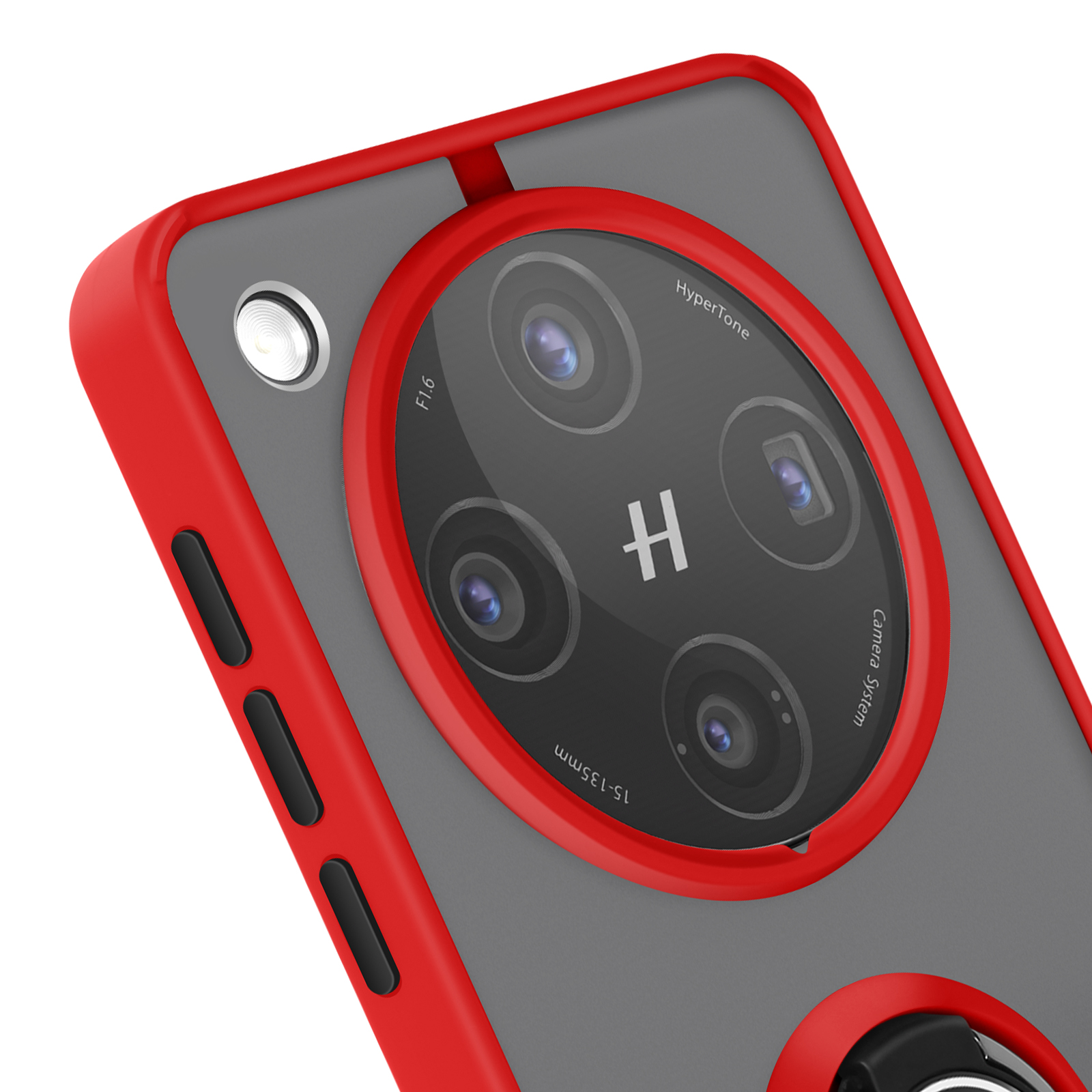 Primer plano de una funda de teléfono con borde rojo, alrededor de la cámara.