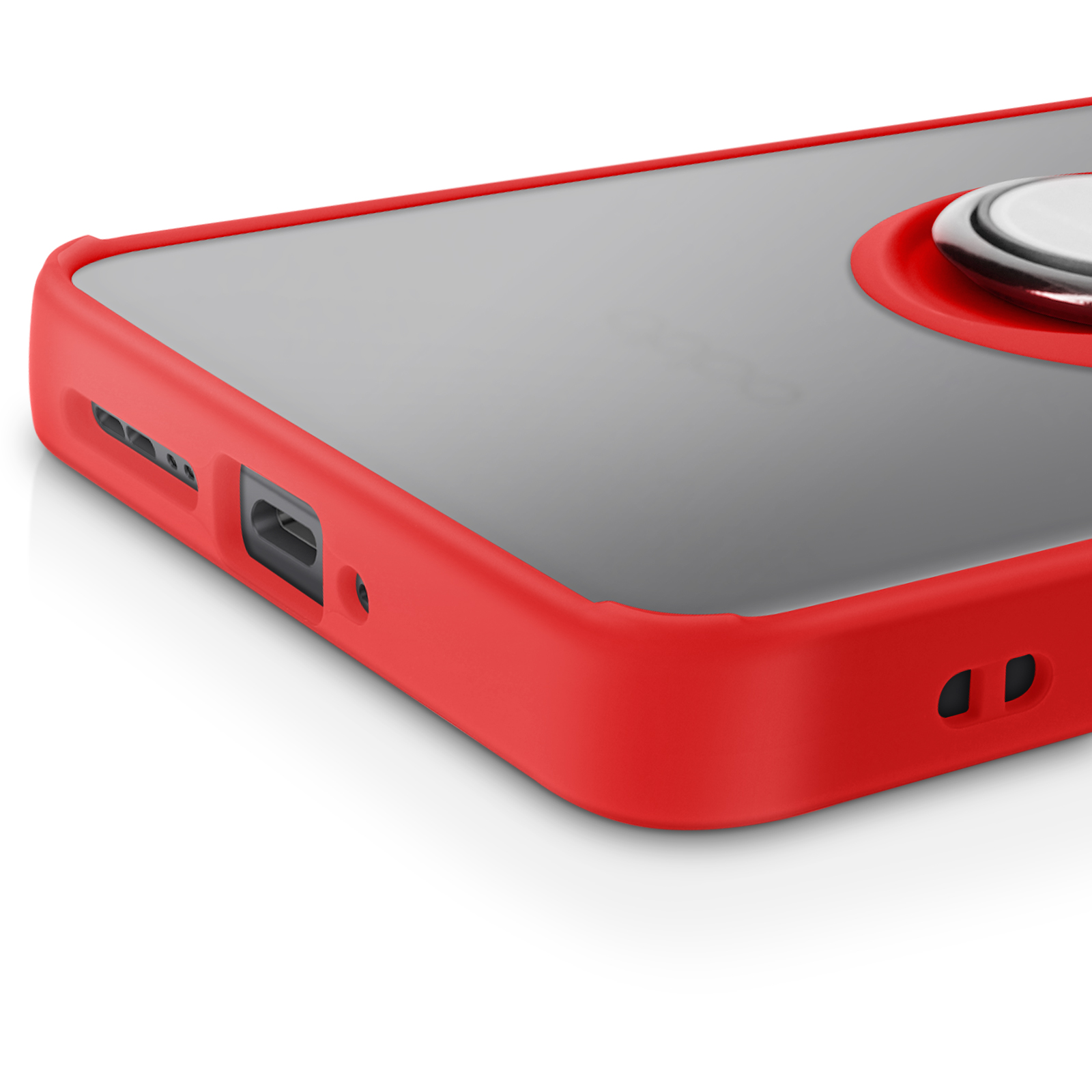 Primer plano de una funda roja con un soporte de anillo, mostrando el lado y los puertos del teléfono.