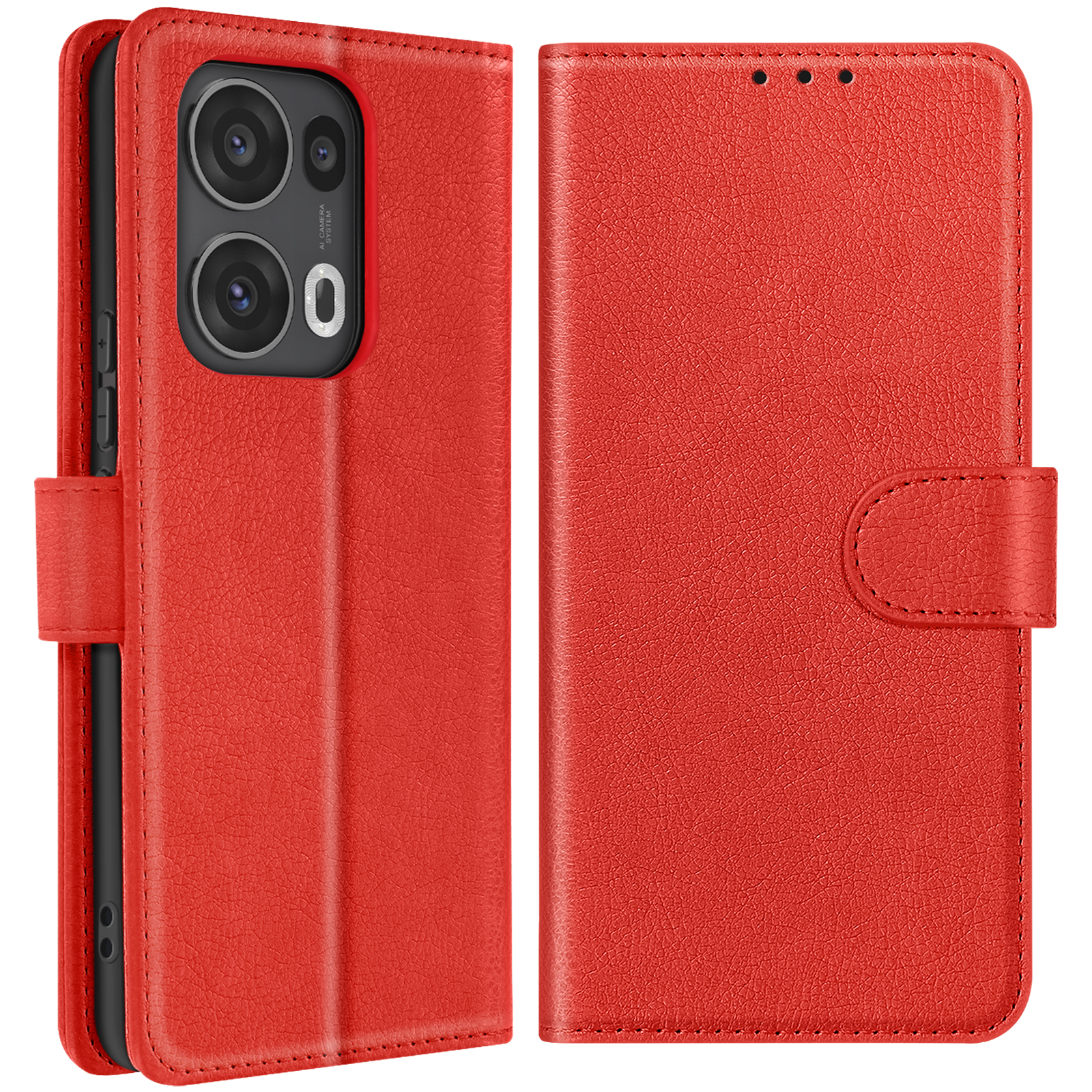 Eine rote Handyhülle, geschlossen. Die Hülle schützt ein Smartphone.
